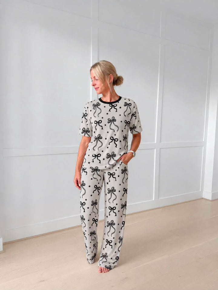Bamboo RIBBED JUST A BOW GIRL ADULT RELAXED PANT SET