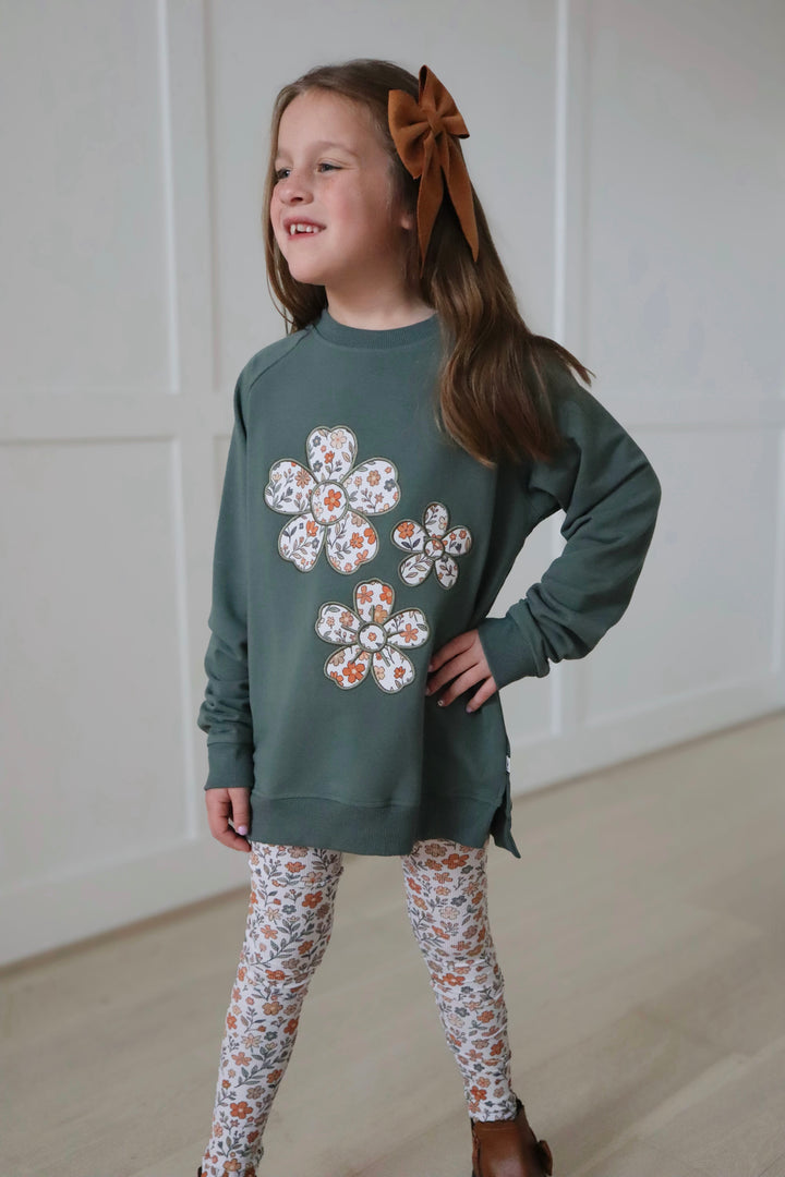 Bamboo COTTON SPANDEX SPICED FLORALS kids EMBROIDERED crewneck (FLEECE LINED)