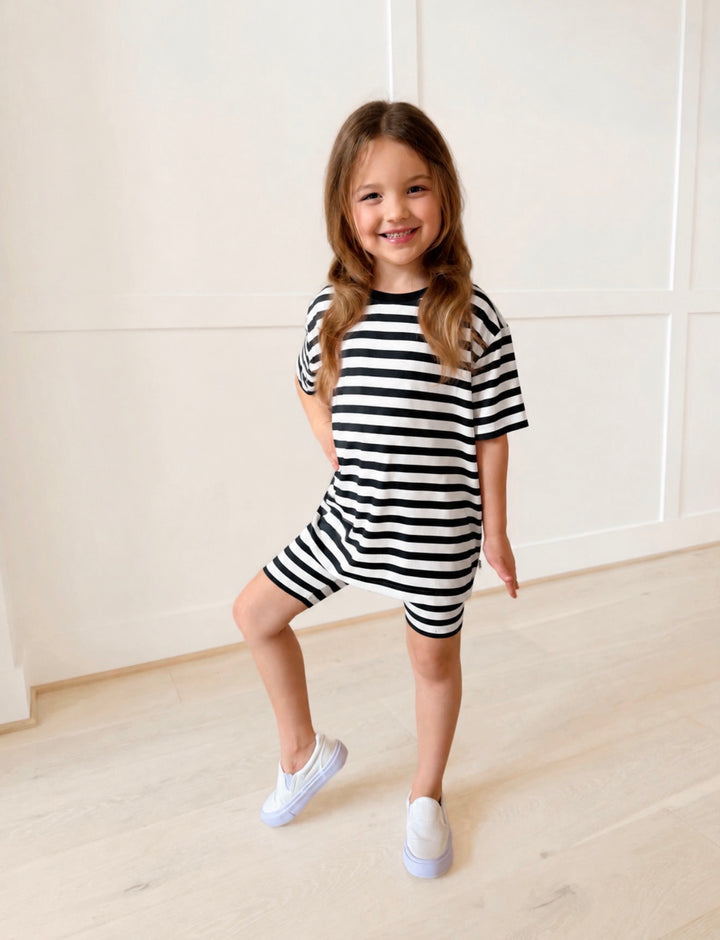 Bamboo RIBBED BOLD &amp; BASIC Short Sleeve Oversized Tee Biker Short Set