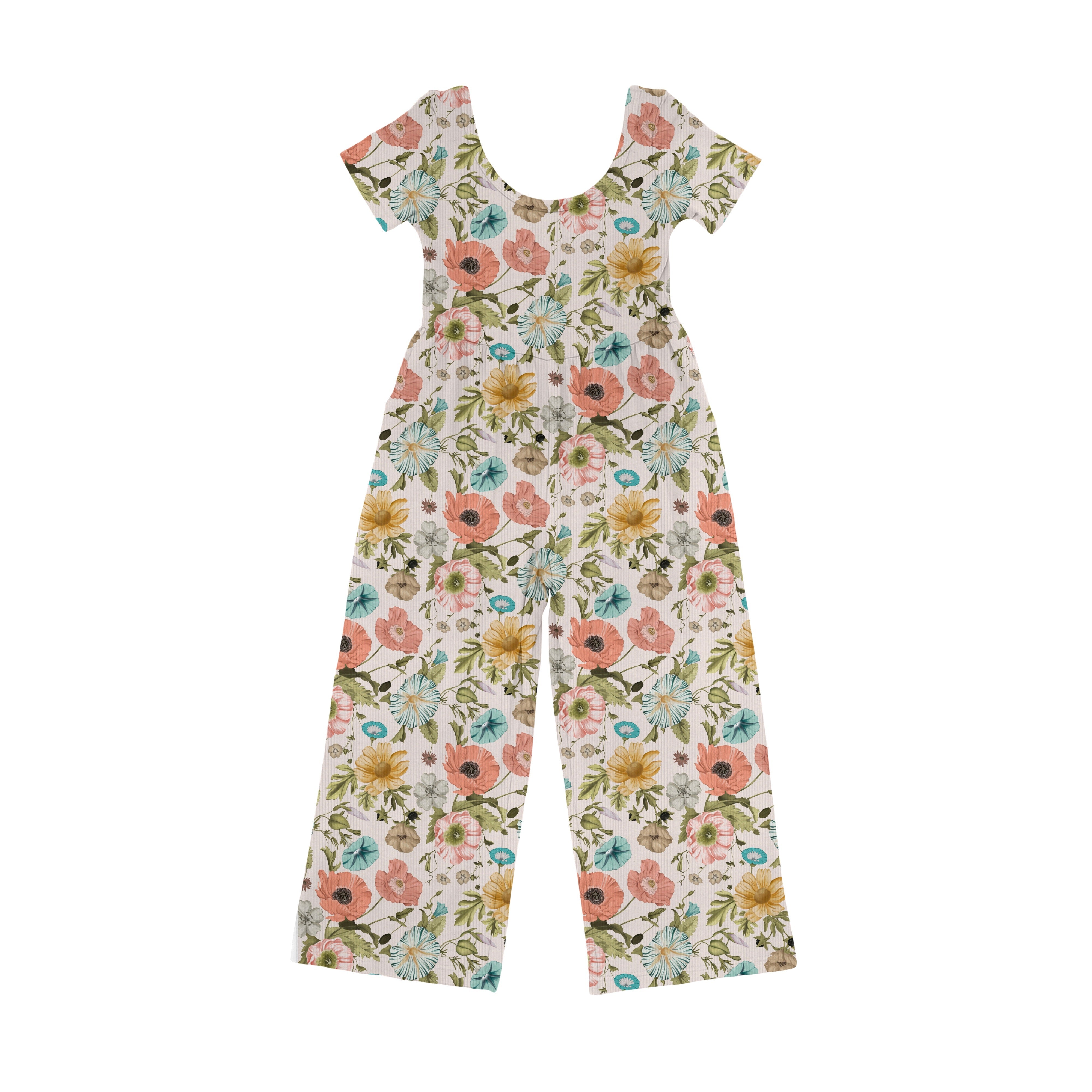 Bamboo RIBBED LYDIA'S BLOOMS SHORT SLEEVE FULL LENGTH POCKET ROMPER