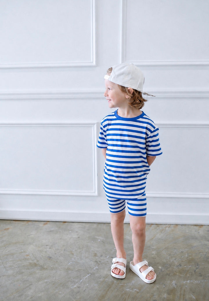 Bamboo RIBBED THE BLUE STANDARD Short Sleeve Oversized Tee Biker Short Set