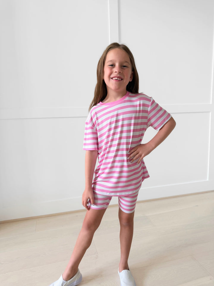 Bamboo RIBBED BLUSH BLVD Short Sleeve Oversized Tee Biker Short Set