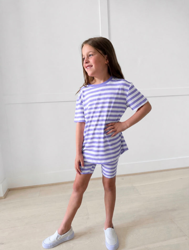 Bamboo RIBBED LAVENDER LANES Short Sleeve Oversized Tee Biker Short Set