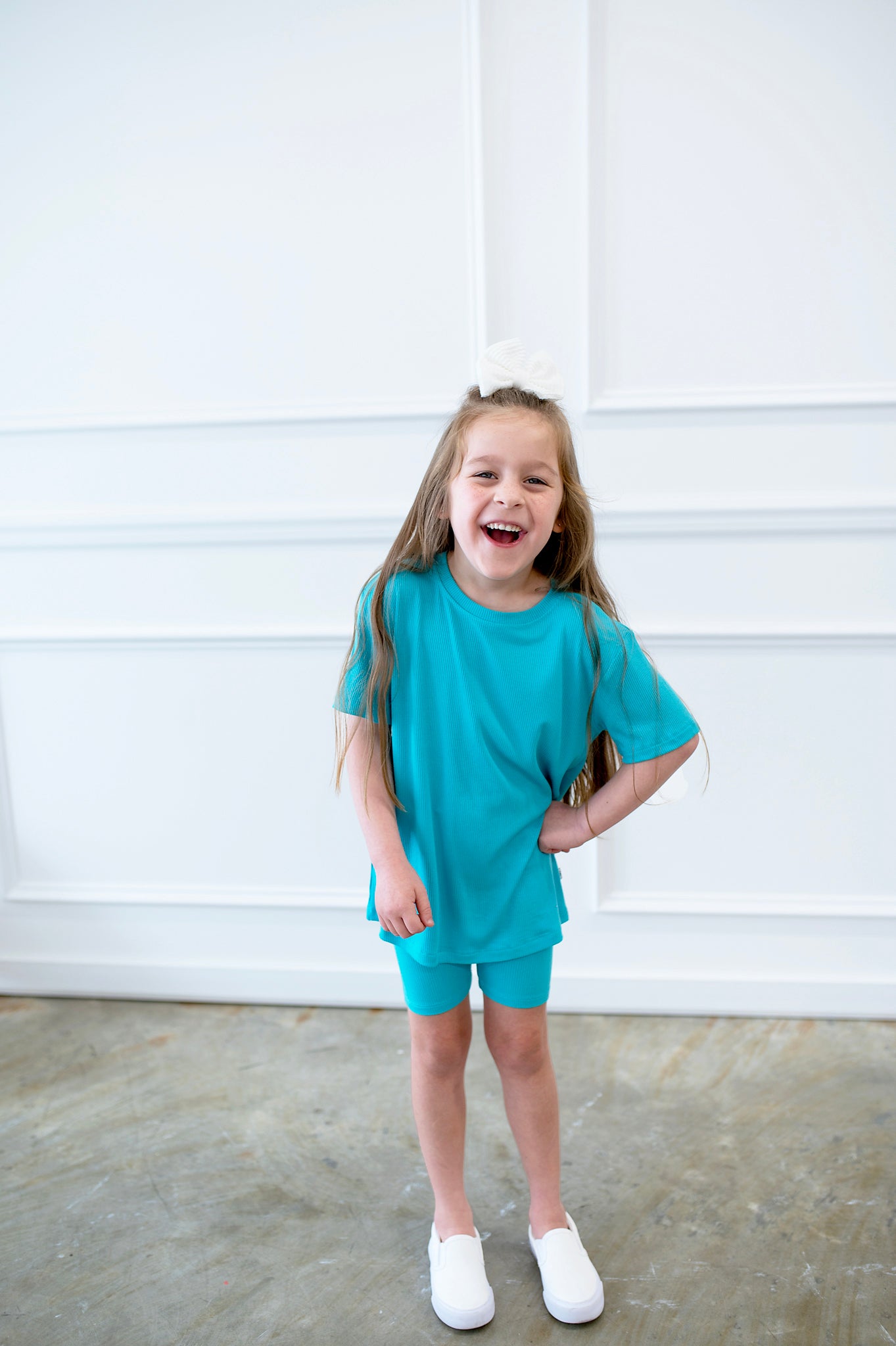 Bamboo RIBBED TIDAL WAVE TEAL Short Sleeve Oversized Tee Biker Short Set