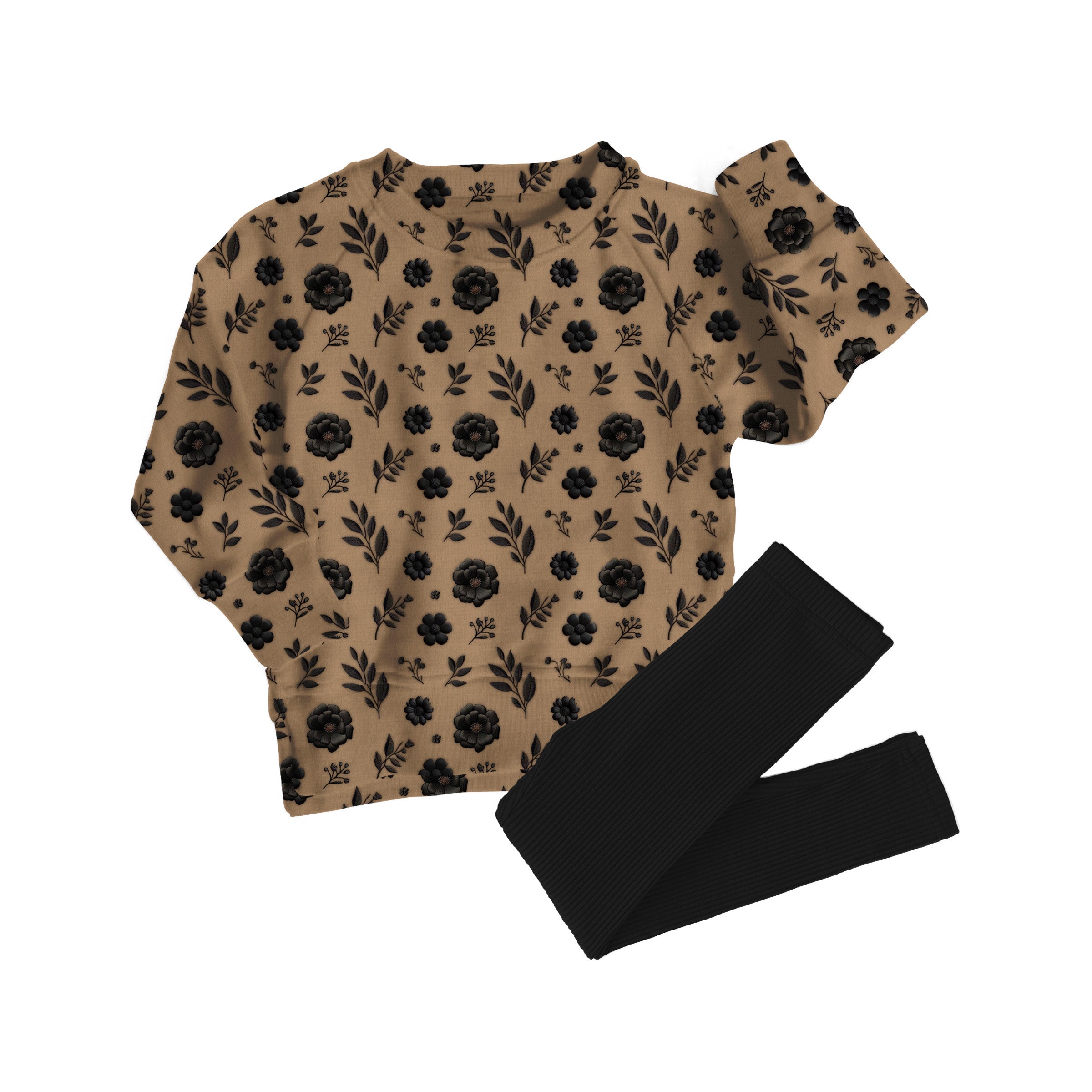 Bamboo Faux Embroidered Onyx Floral kids crewneck + ribbed leggings