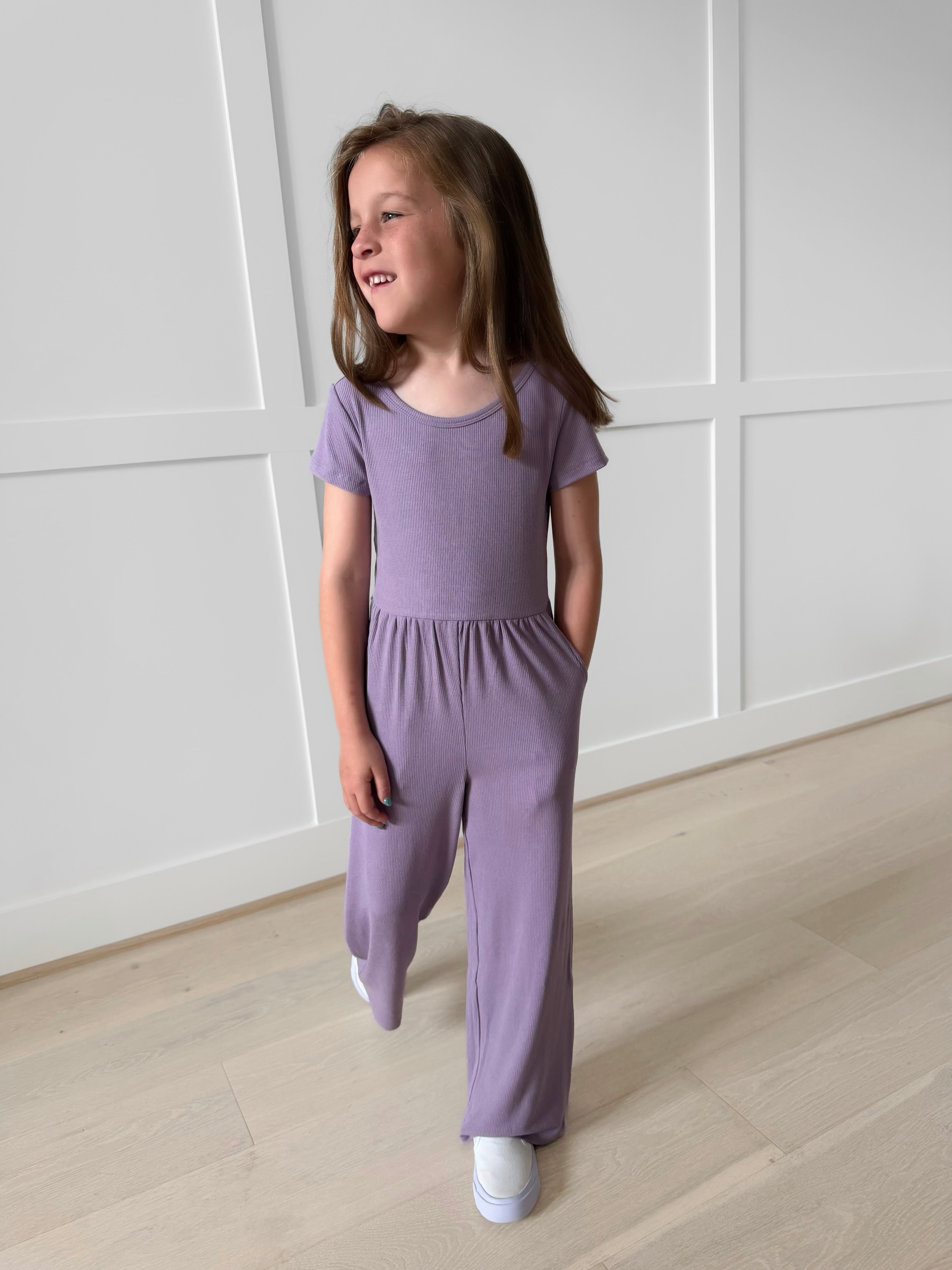 Bamboo RIBBED LAVENDER HAZE SHORT SLEEVE FULL LENGTH POCKET ROMPER