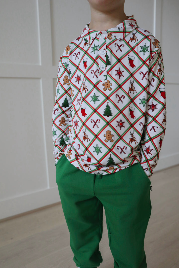 Bamboo TIS THE SEASON LONG SLEEVE PRINTED POLO