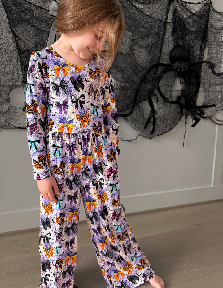 Bamboo RIBBED BOO-TIFUL BOWS LONG SLEEVE FULL LENGTH ROMPER