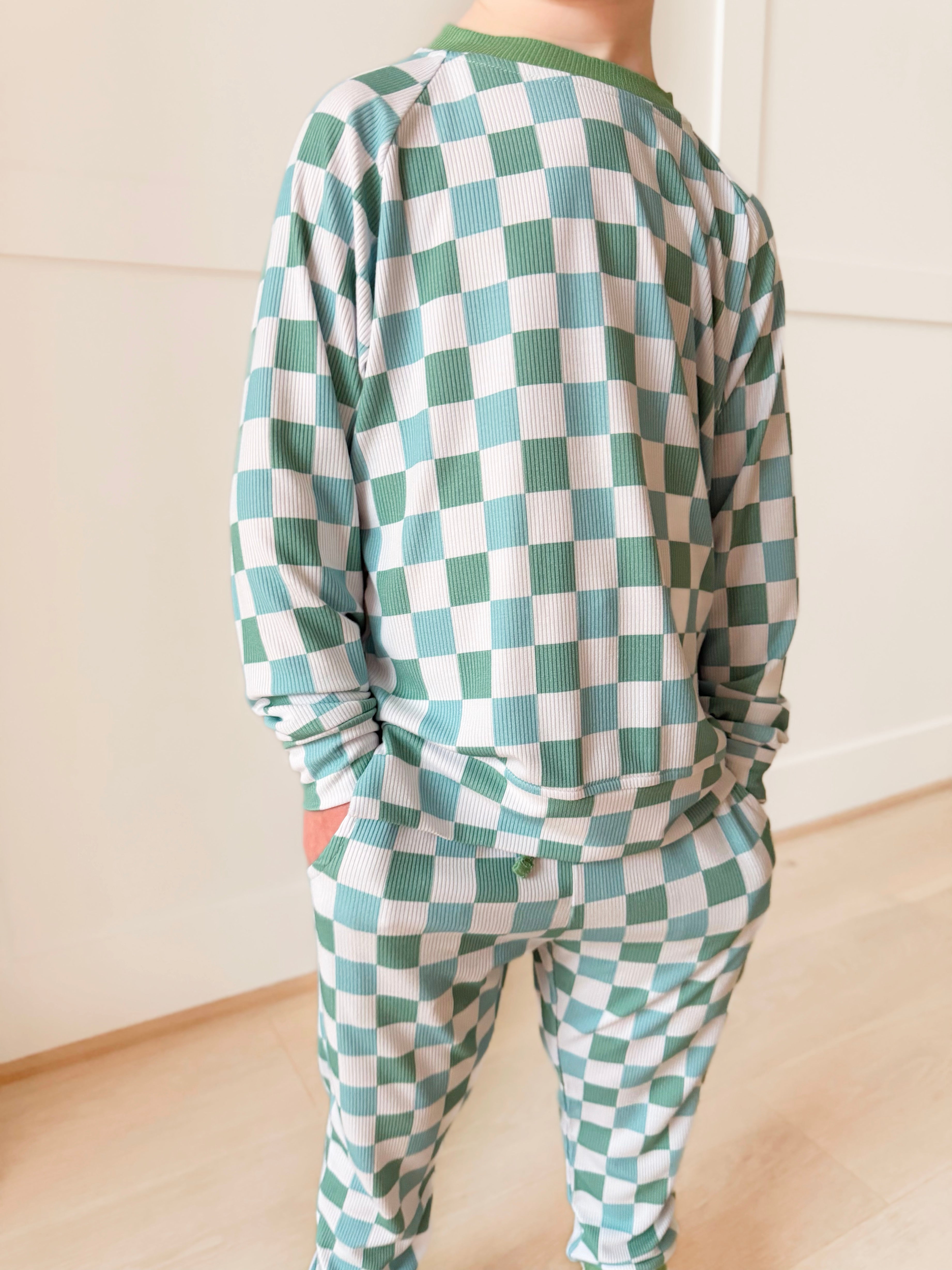 Bamboo RIBBED COASTAL CHECKS kids crewneck & JOGGER SET