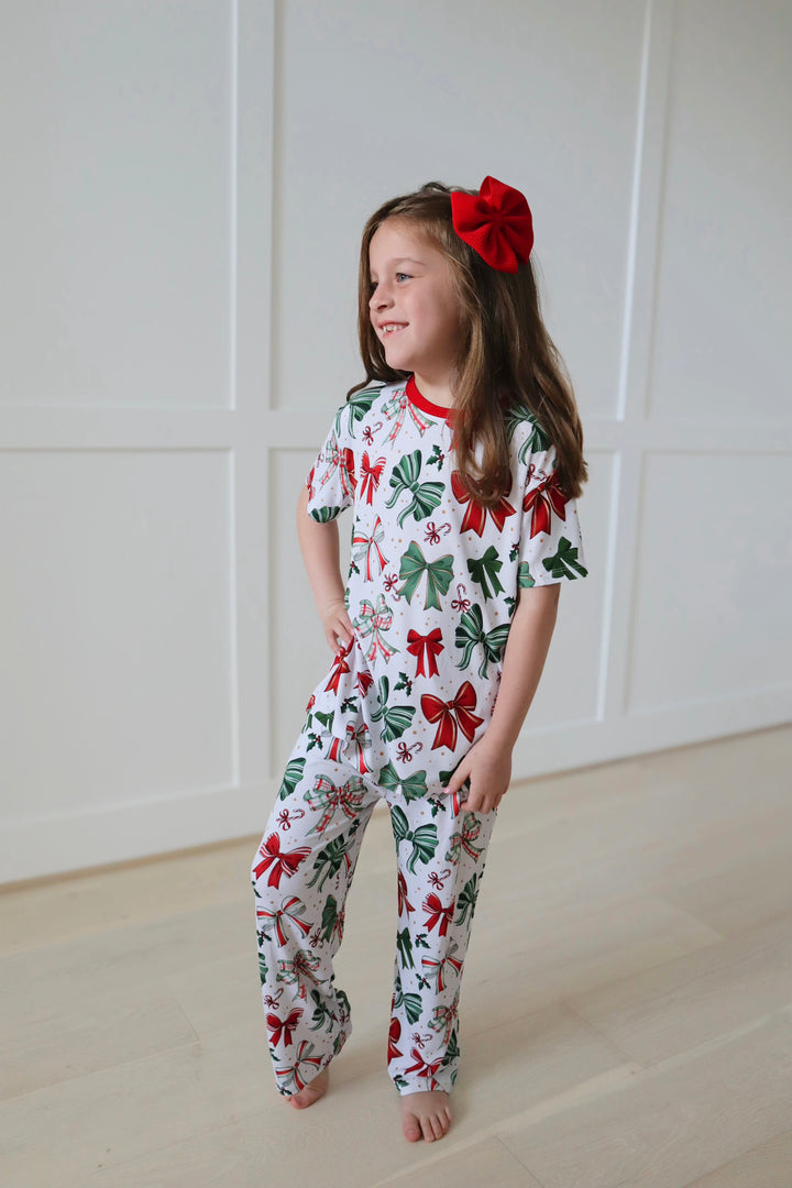 RIBBED Bamboo RIBBED JINGLE BOWS KIDS RELAXED PANT Set