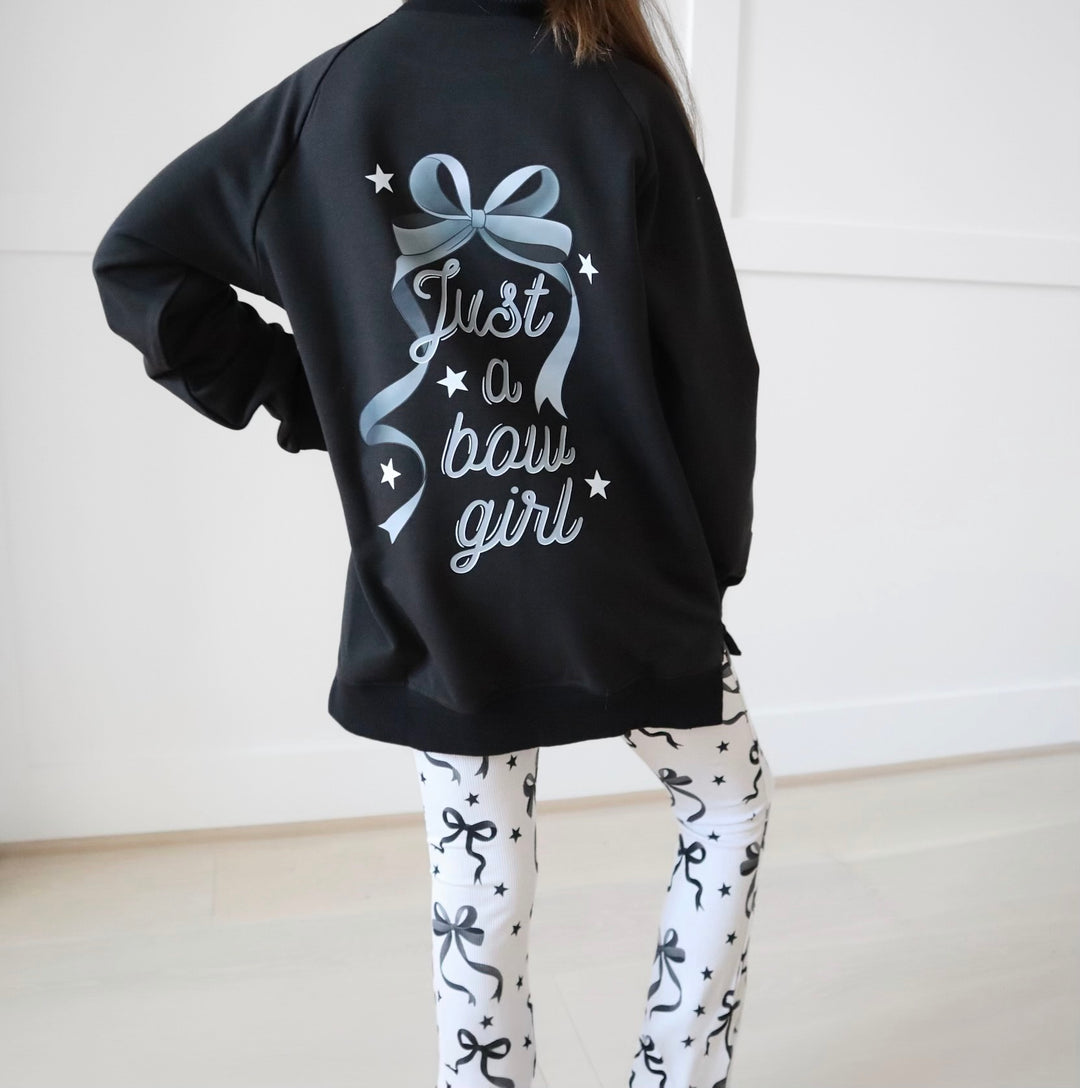 Bamboo COTTON SPANDEX JUST A BOW GIRL kids FRONT &amp; BACK GRAPHIC crewneck (FLEECE LINED)