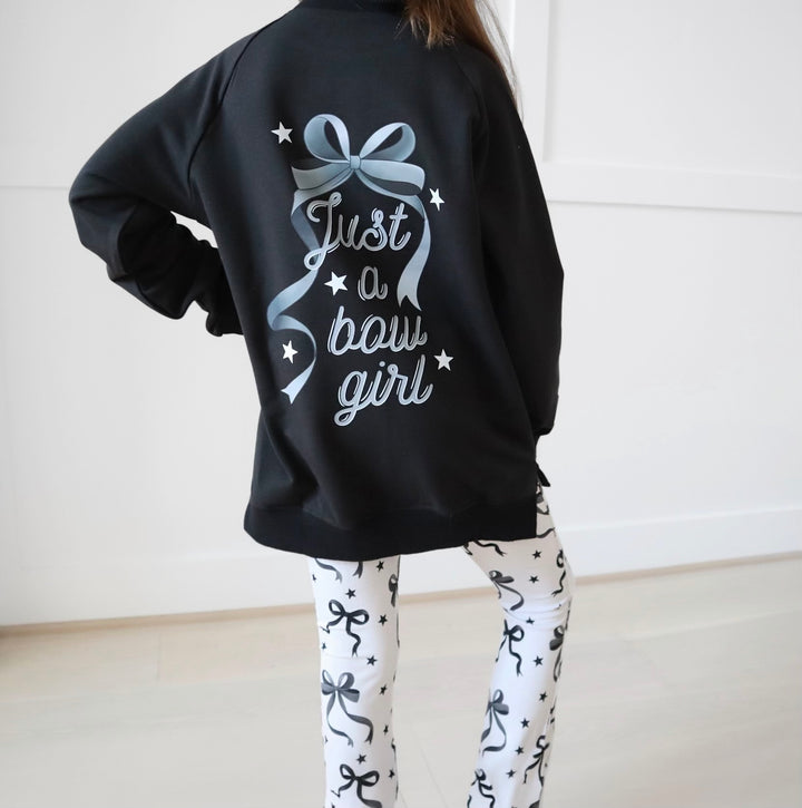 Bamboo COTTON SPANDEX JUST A BOW GIRL kids FRONT &amp; BACK GRAPHIC crewneck (FLEECE LINED)