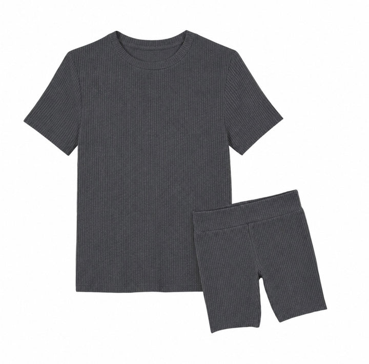 Bamboo RIBBED GRAPHITE Short Sleeve Oversized Tee Biker Short Set