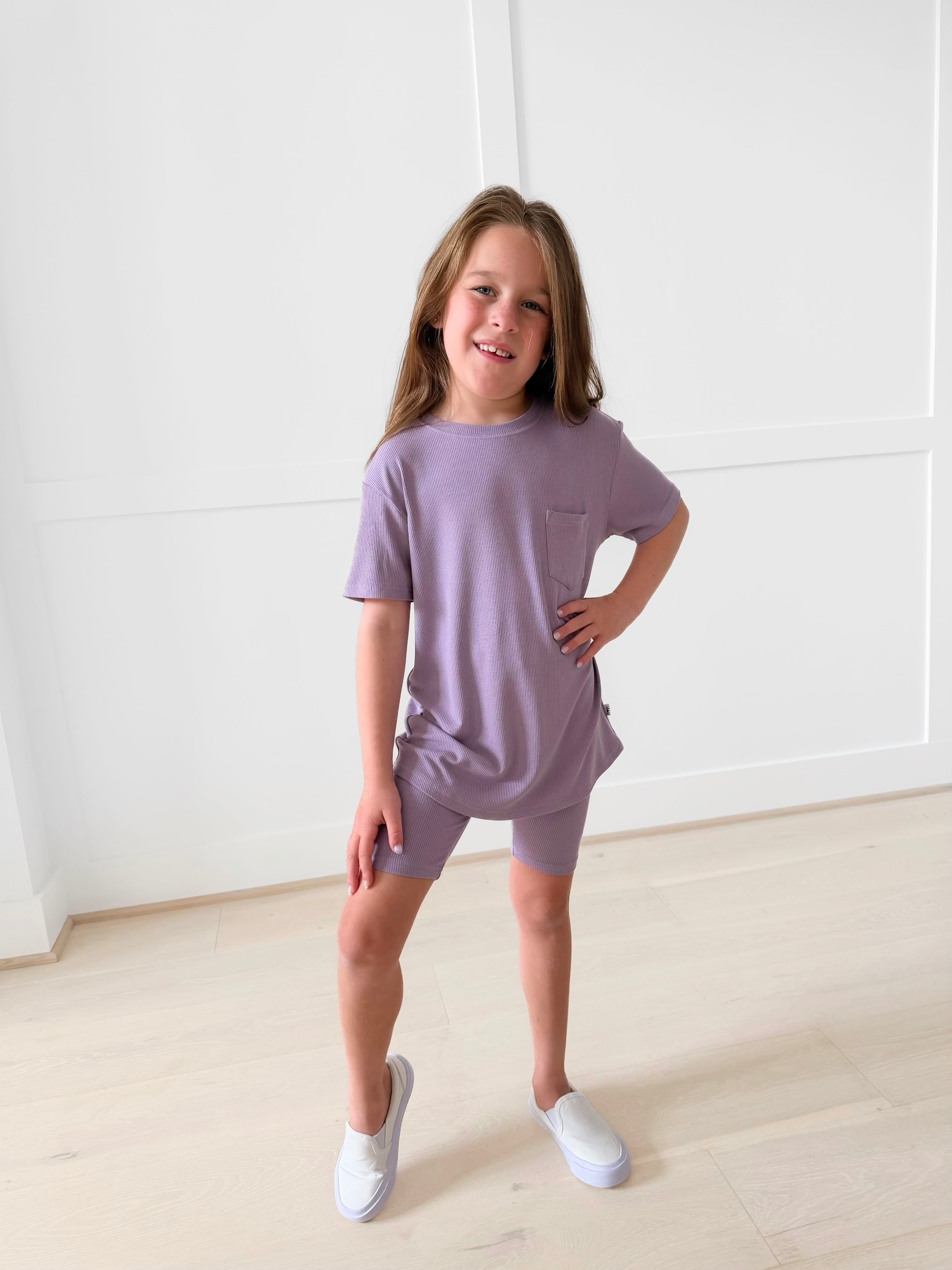 BAMBOO RIBBED LAVENDER HAZE OVERSIZED THREE PIECE SET (POCKET TEE, BIKERS, FLARED LEGGINGS)