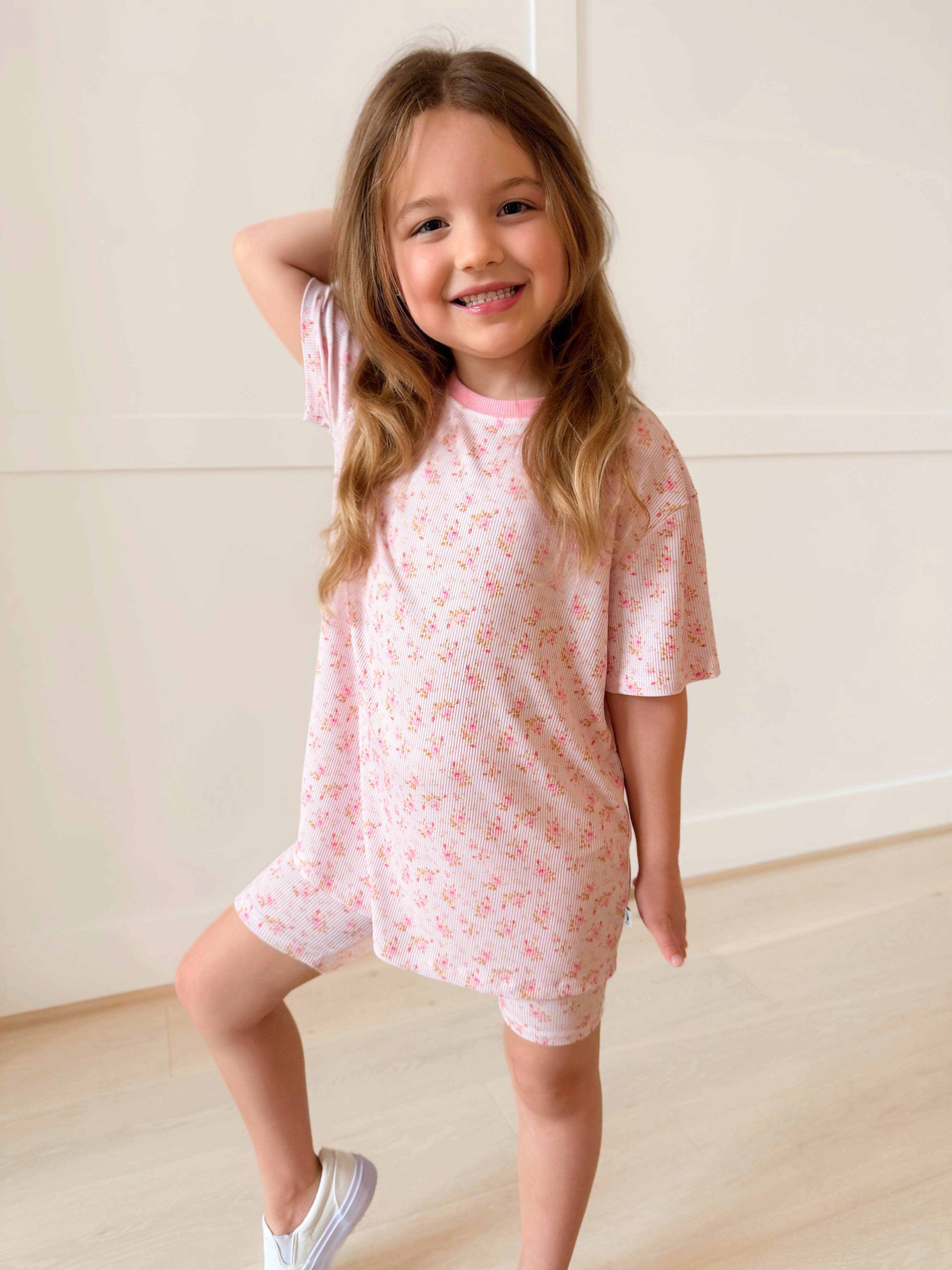 Bamboo RIBBED BLUSH IN BLOOMS Short Sleeve Oversized Tee Biker Short Set