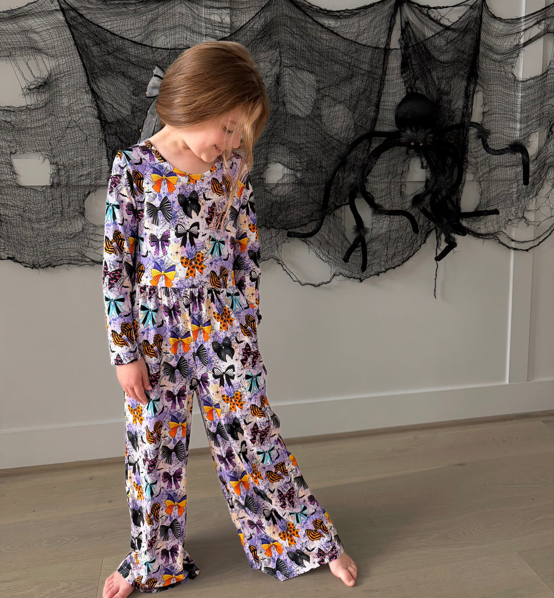 Bamboo RIBBED BOO-TIFUL BOWS LONG SLEEVE FULL LENGTH ROMPER