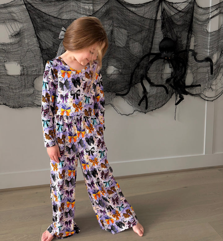 Bamboo RIBBED BOO-TIFUL BOWS LONG SLEEVE FULL LENGTH ROMPER