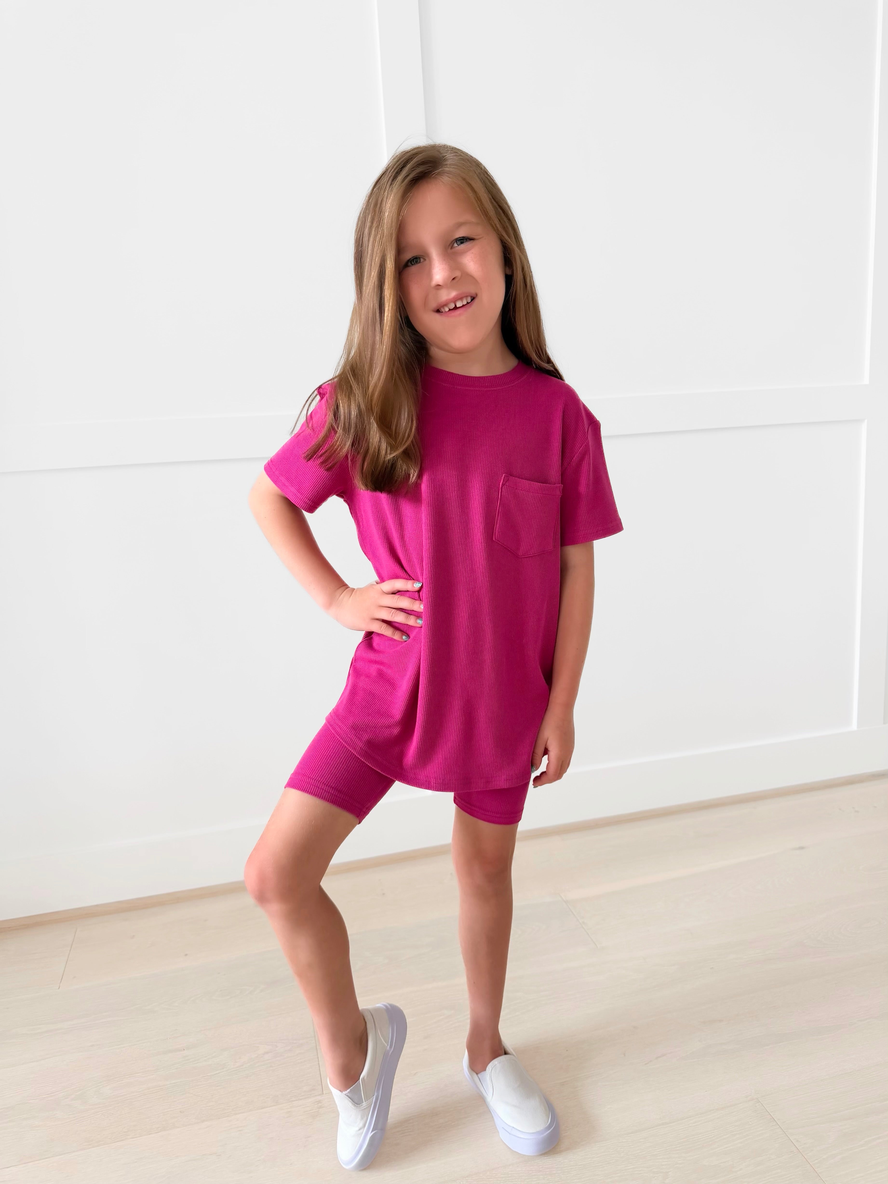 BAMBOO RIBBED MAUVEBERRY OVERSIZED THREE PIECE SET (POCKET TEE, BIKERS, FLARED LEGGINGS)