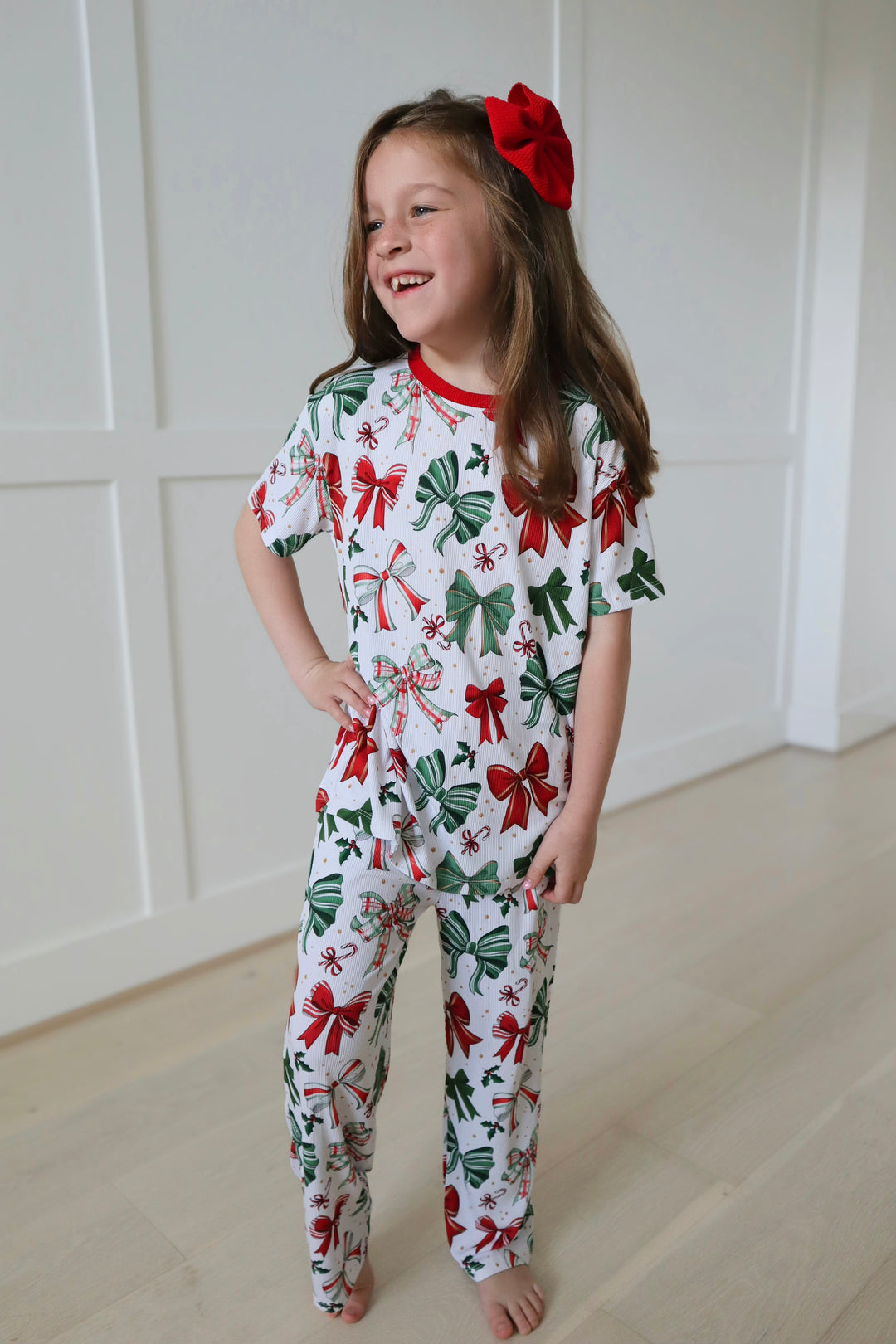 RIBBED Bamboo RIBBED JINGLE BOWS KIDS RELAXED PANT Set