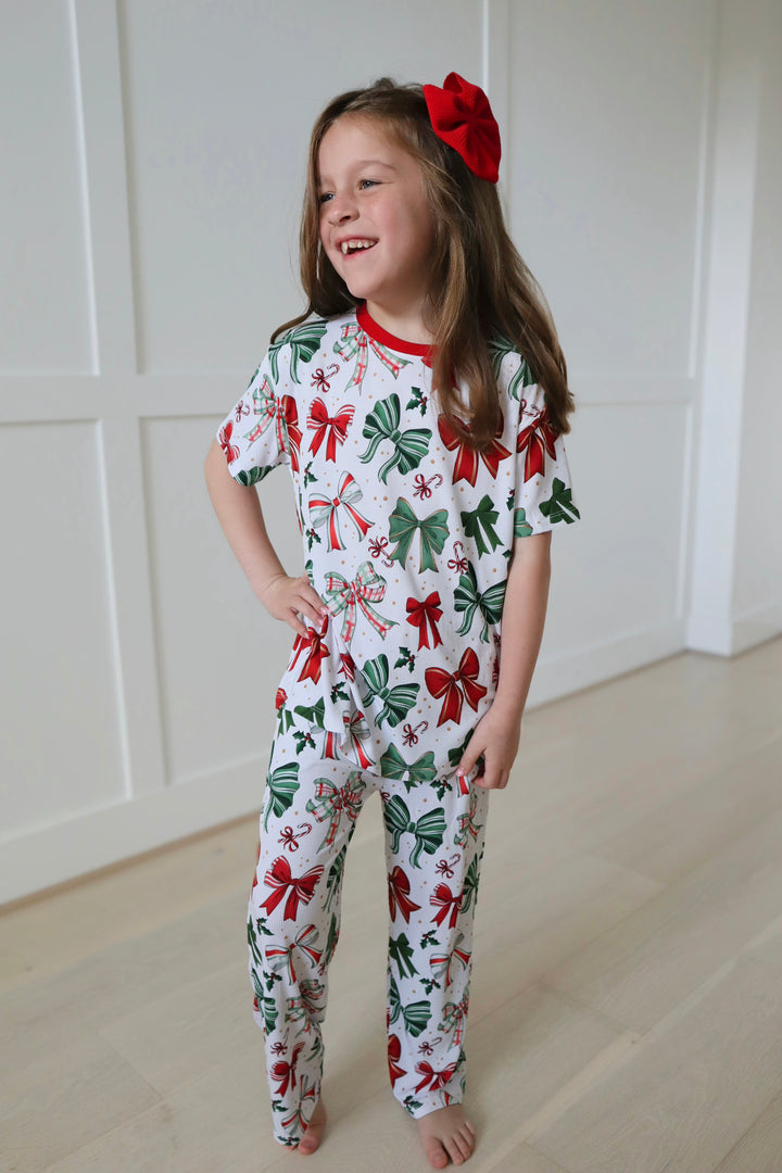 RIBBED Bamboo RIBBED JINGLE BOWS KIDS RELAXED PANT Set
