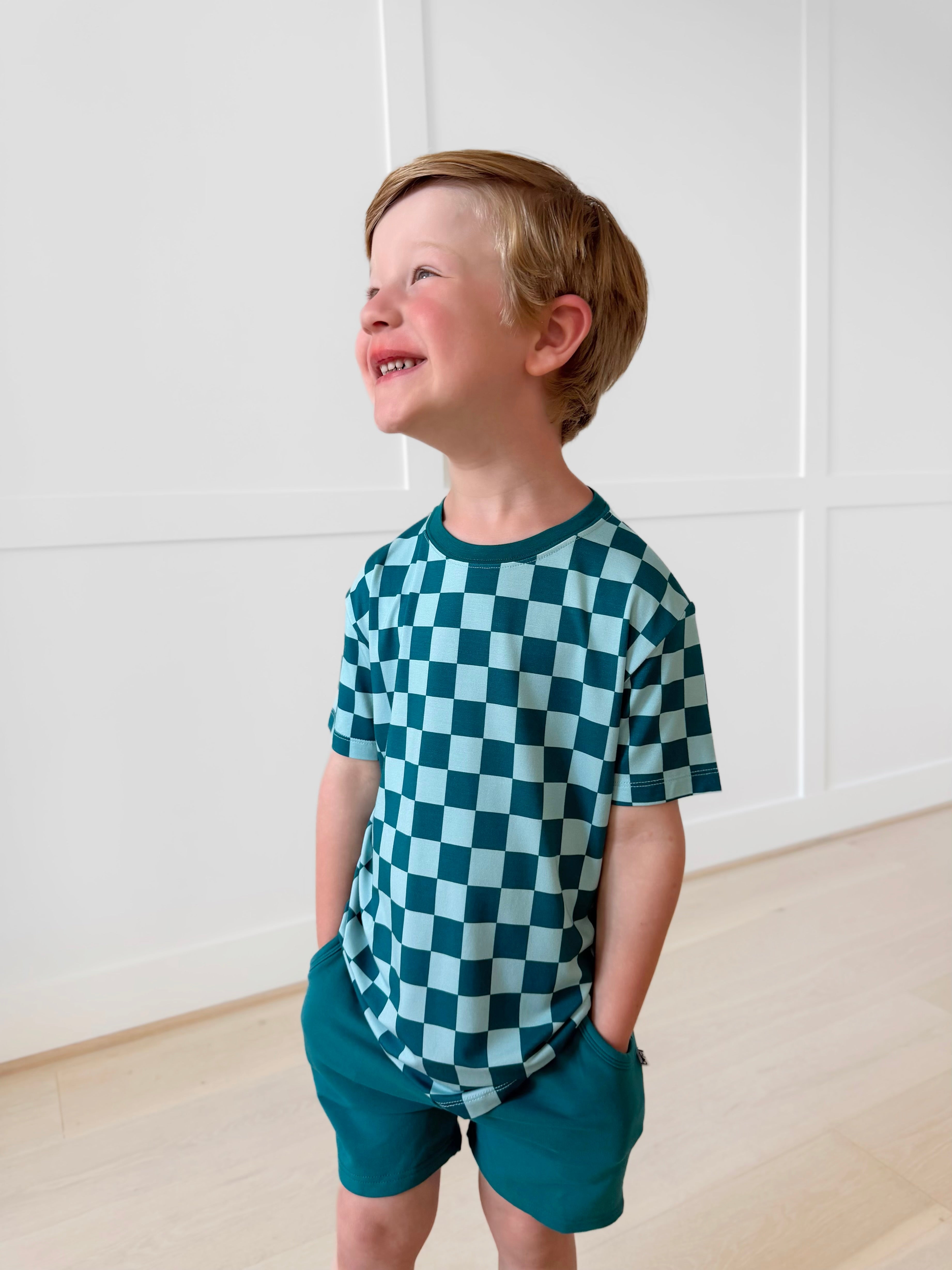 Bamboo TEAL CHECKS KIDS TEE