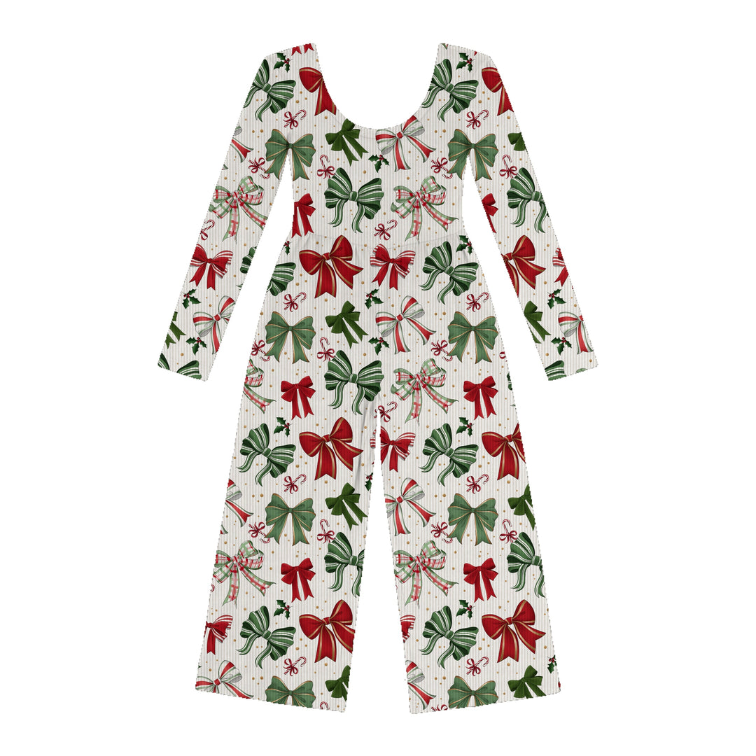 Bamboo RIBBED JINGLE BOWS LONG SLEEVE FULL LENGTH ROMPER