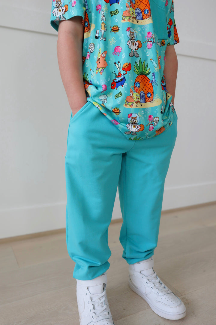 BAMBOO COTTON SPANDEX COOL TEAL KIDS JOGGERS (NO FLEECE)