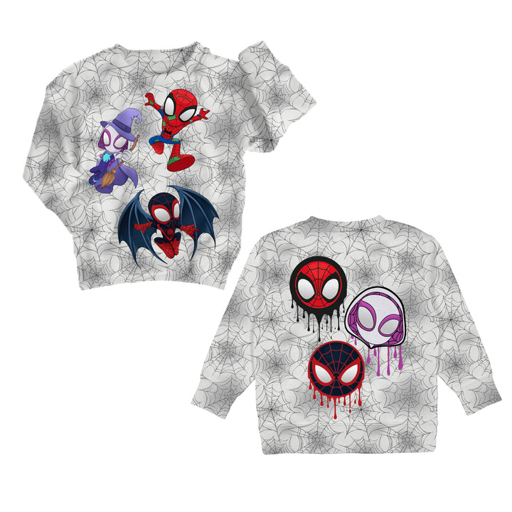 Bamboo COTTON SPANDEX SPINNING INTO SPOOKY kids GRAPHIC crewneck (FRONT &amp; BACK) (FLEECE LINED)