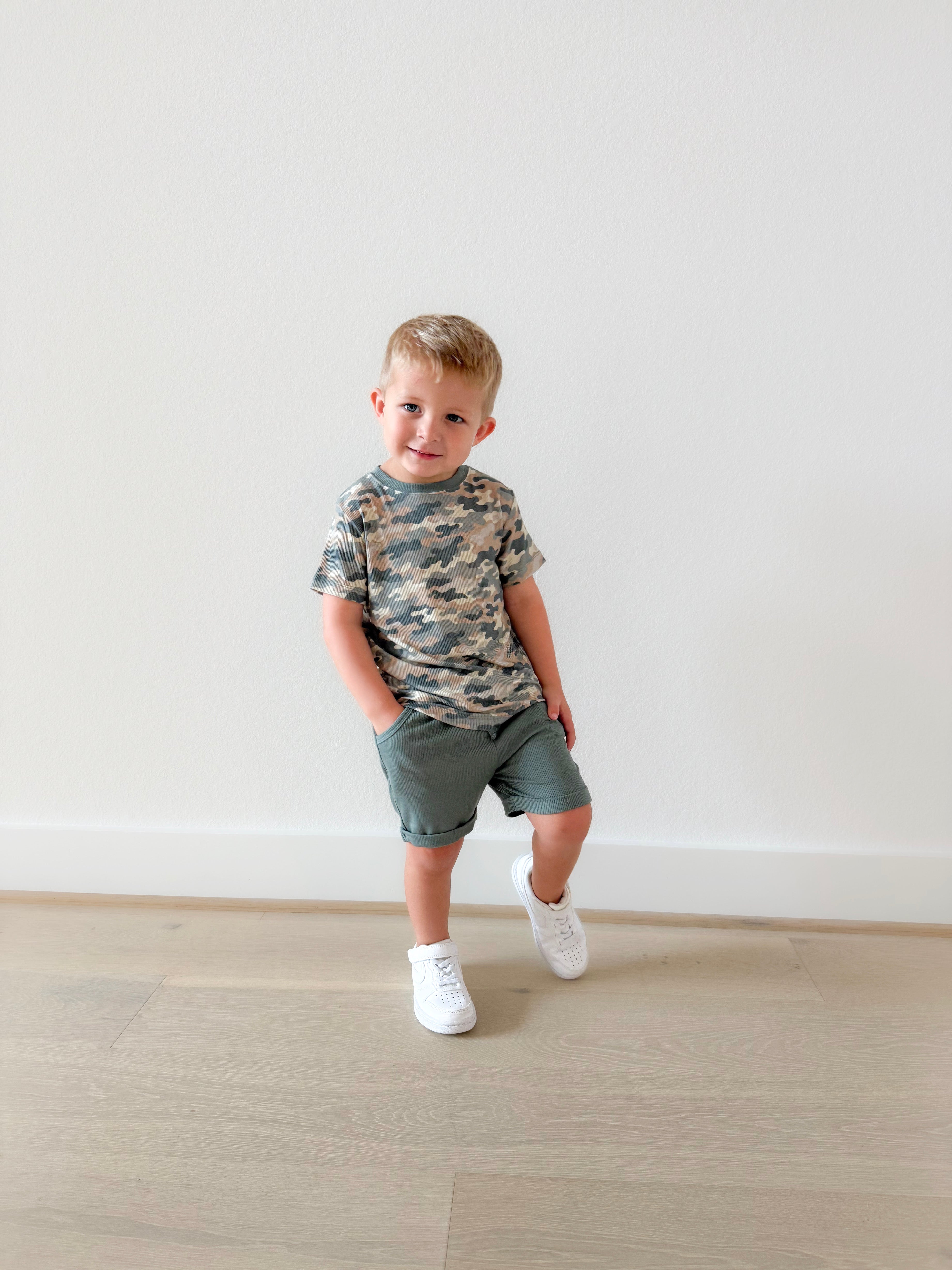 Bamboo RIBBED DISTRESSED CAMO Relaxed Short Set