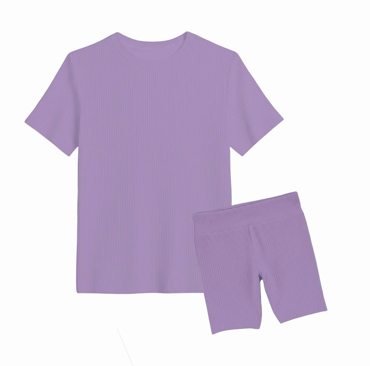 Bamboo RIBBED PURPLE POP Short Sleeve Oversized Tee Biker Short Set
