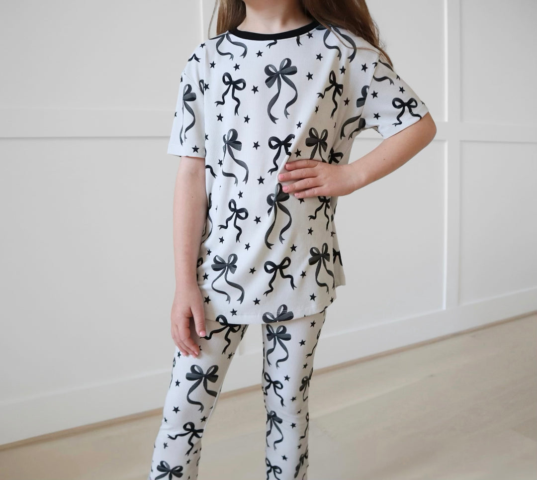 BAMBOO RIBBED JUST A BOW GIRL TEE/FLARE LEGGING SET (SAME SIZE TOP &amp; BOTTOM)