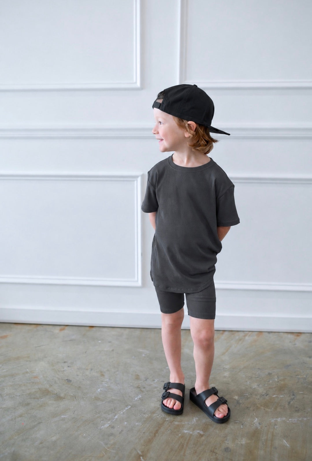 Bamboo RIBBED GRAPHITE Short Sleeve Oversized Tee Biker Short Set