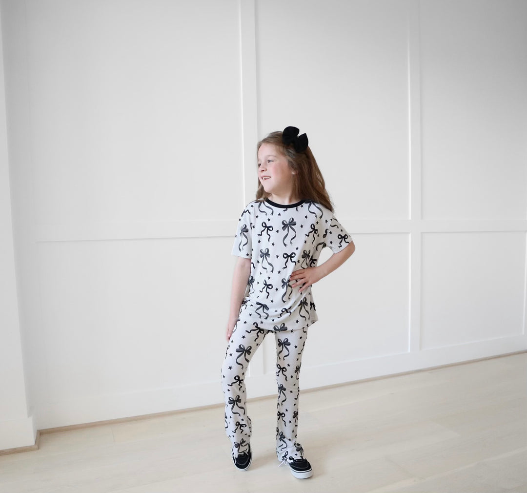 BAMBOO RIBBED JUST A BOW GIRL TEE/FLARE LEGGING SET (SAME SIZE TOP &amp; BOTTOM)