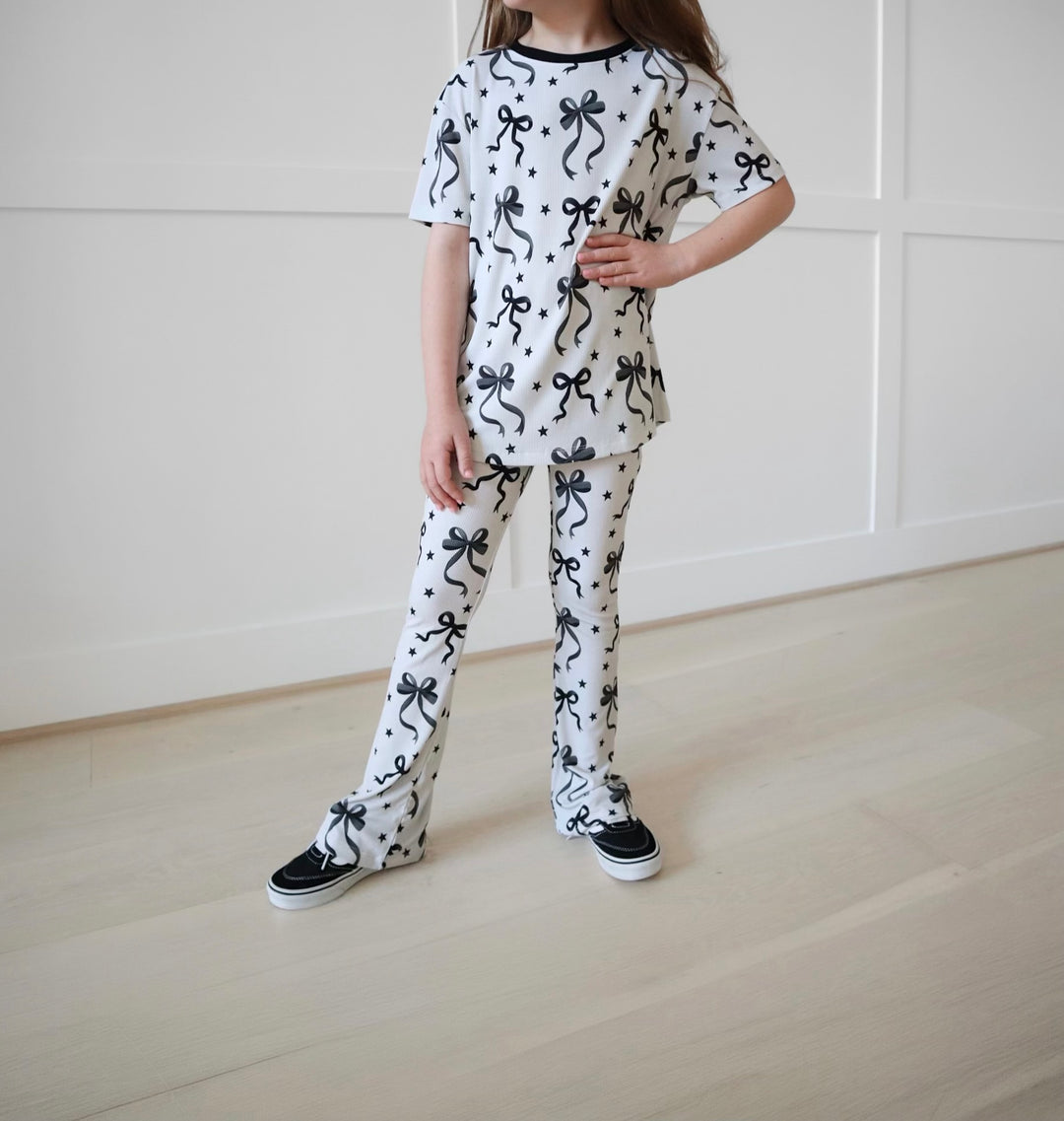 BAMBOO RIBBED JUST A BOW GIRL TEE/FLARE LEGGING SET (SAME SIZE TOP &amp; BOTTOM)
