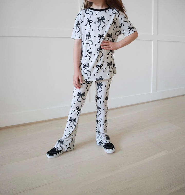 BAMBOO RIBBED JUST A BOW GIRL TEE/FLARE LEGGING SET (SAME SIZE TOP &amp; BOTTOM)