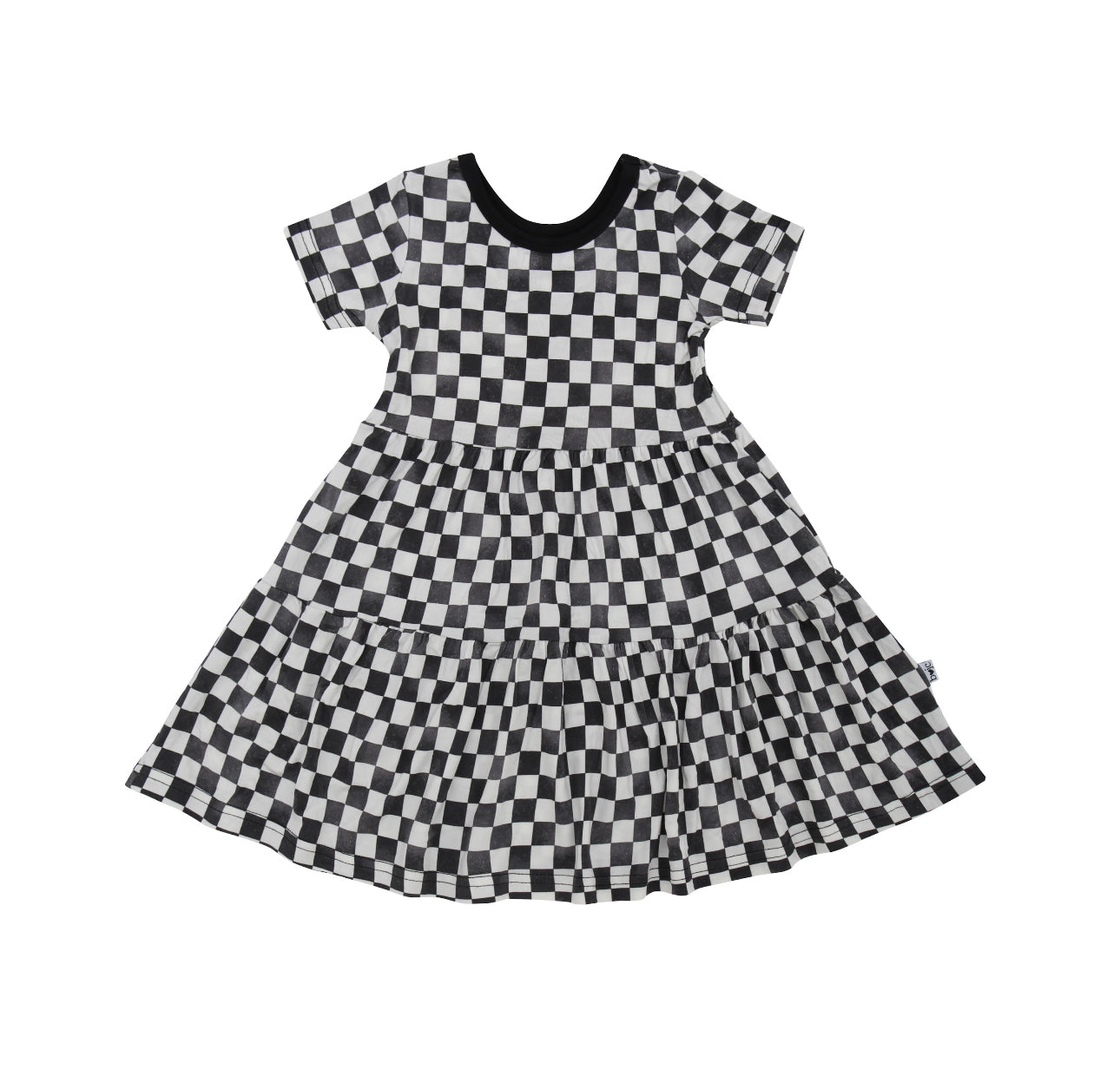 Bamboo Distressed Checkered Short Sleeve Twirl Dress