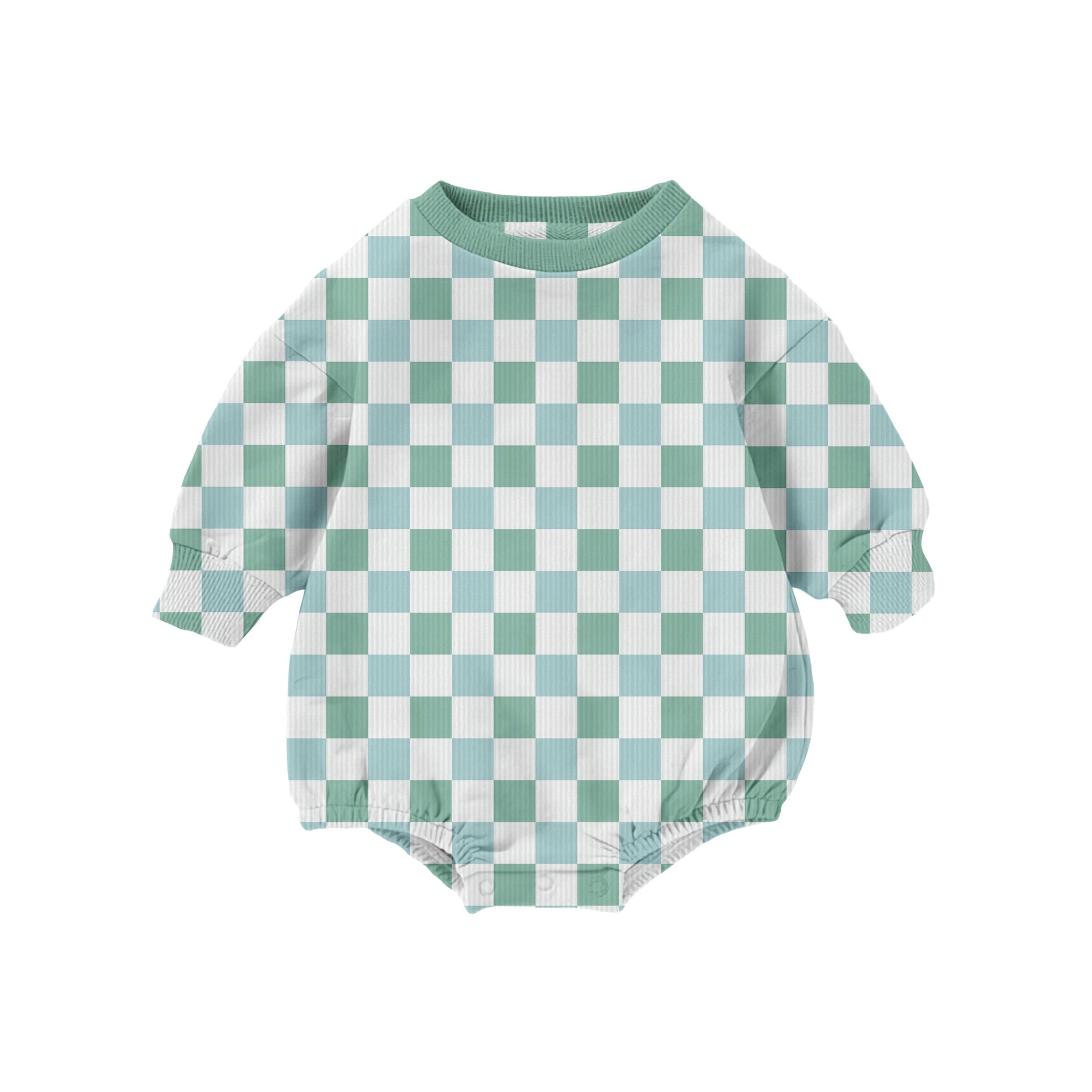 Bamboo RIBBED COASTAL CHECKS LONG SLEEVE ROMPER (BUBBLE)