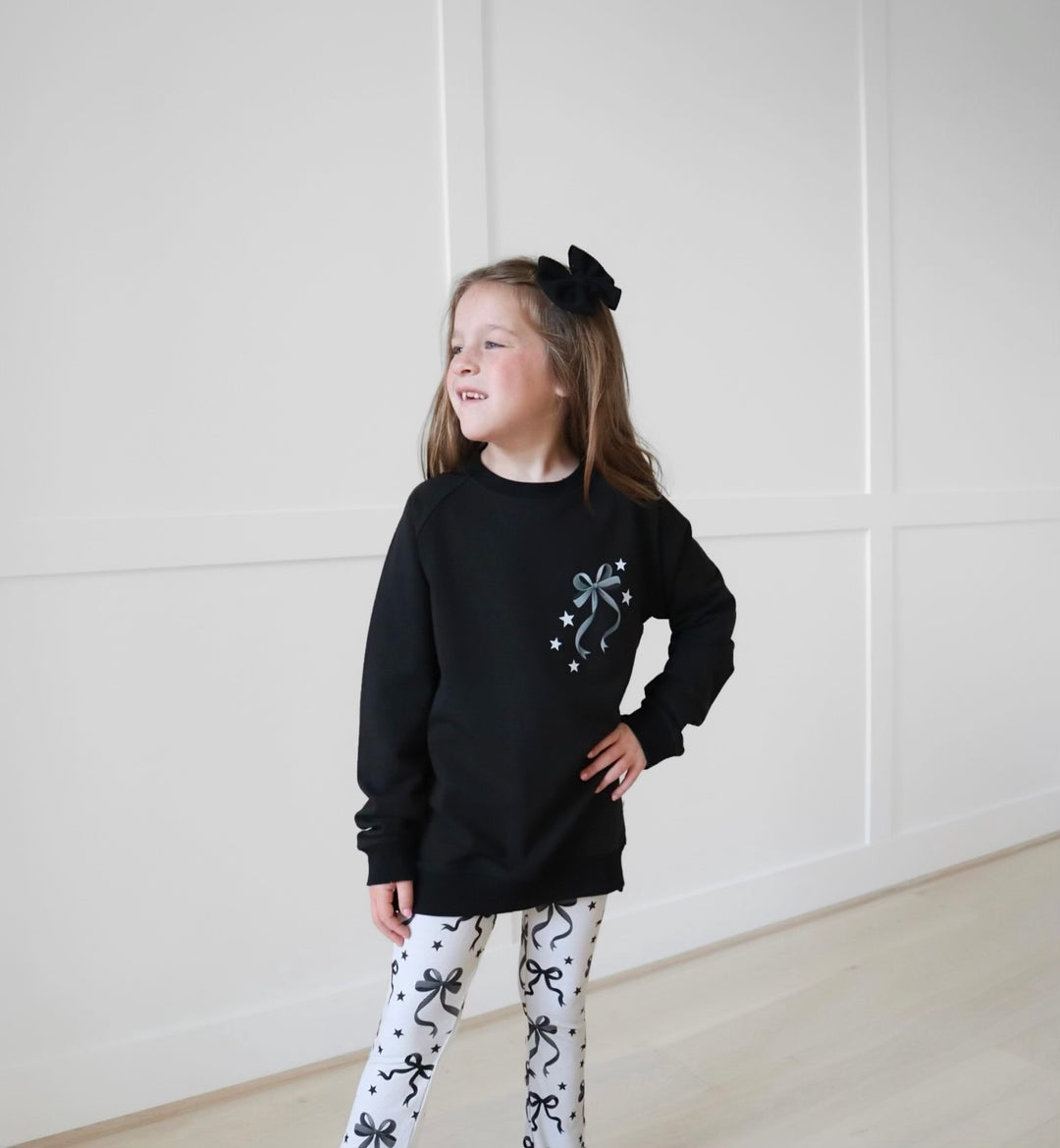 Bamboo COTTON SPANDEX JUST A BOW GIRL kids FRONT &amp; BACK GRAPHIC crewneck (FLEECE LINED)