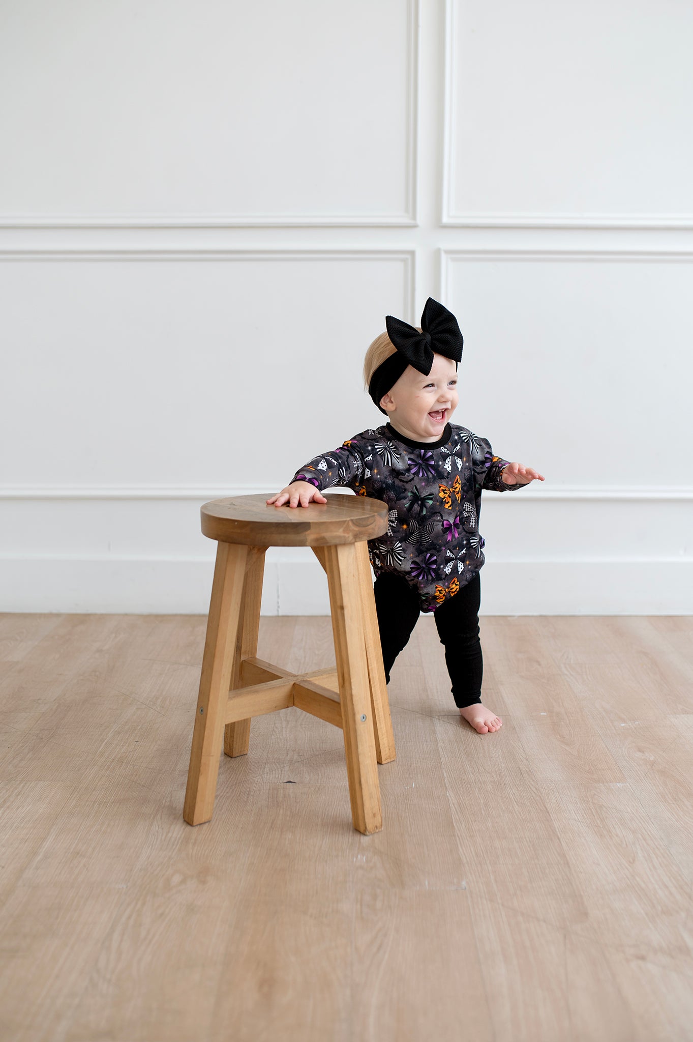 Bamboo FRENCH TERRY BOO-TIFUL BOWS LONG SLEEVE BUBBLE ROMPER