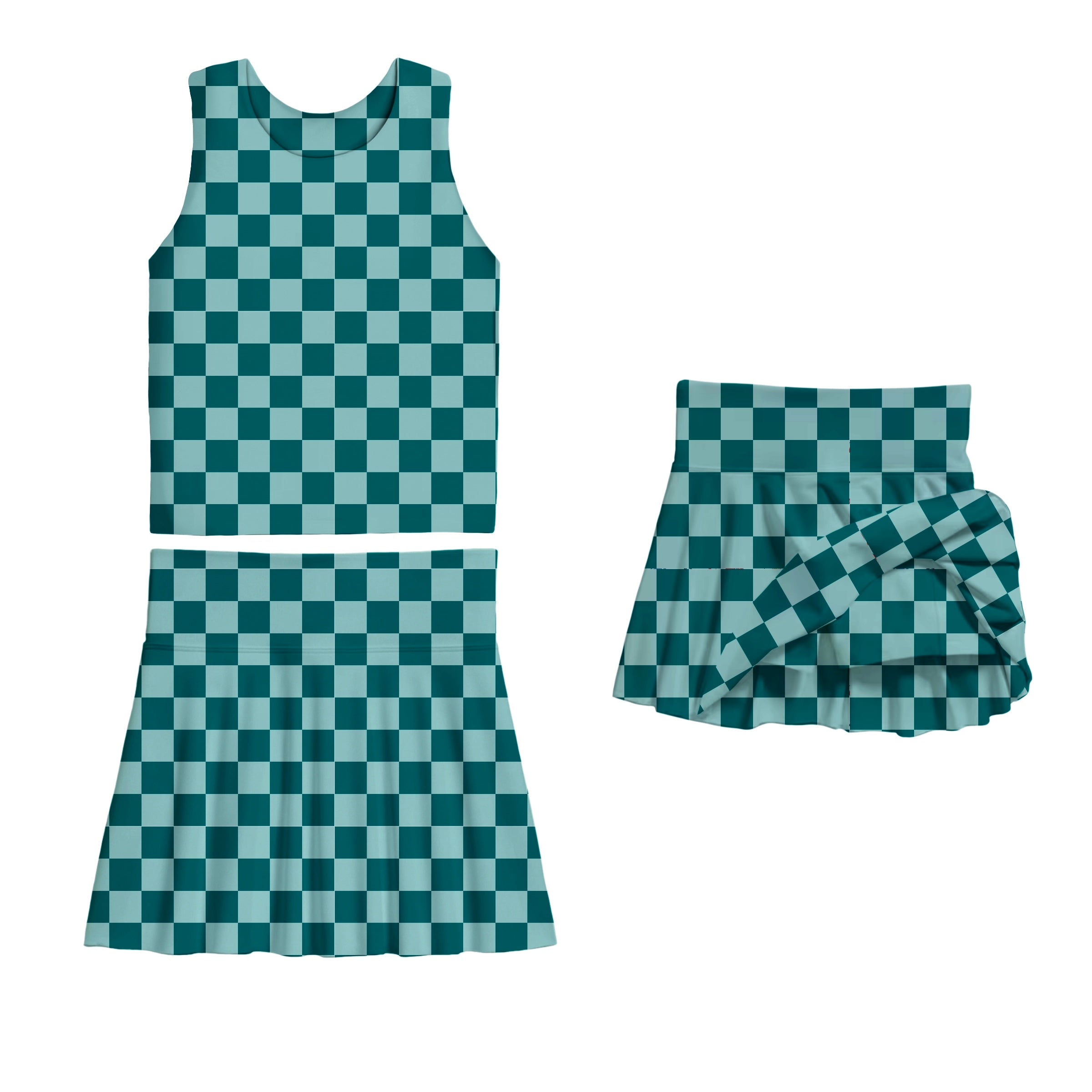TEAL CHECKS TWO PIECE ATHLETIC SET (NYLON SPANDEX)(SKORT)
