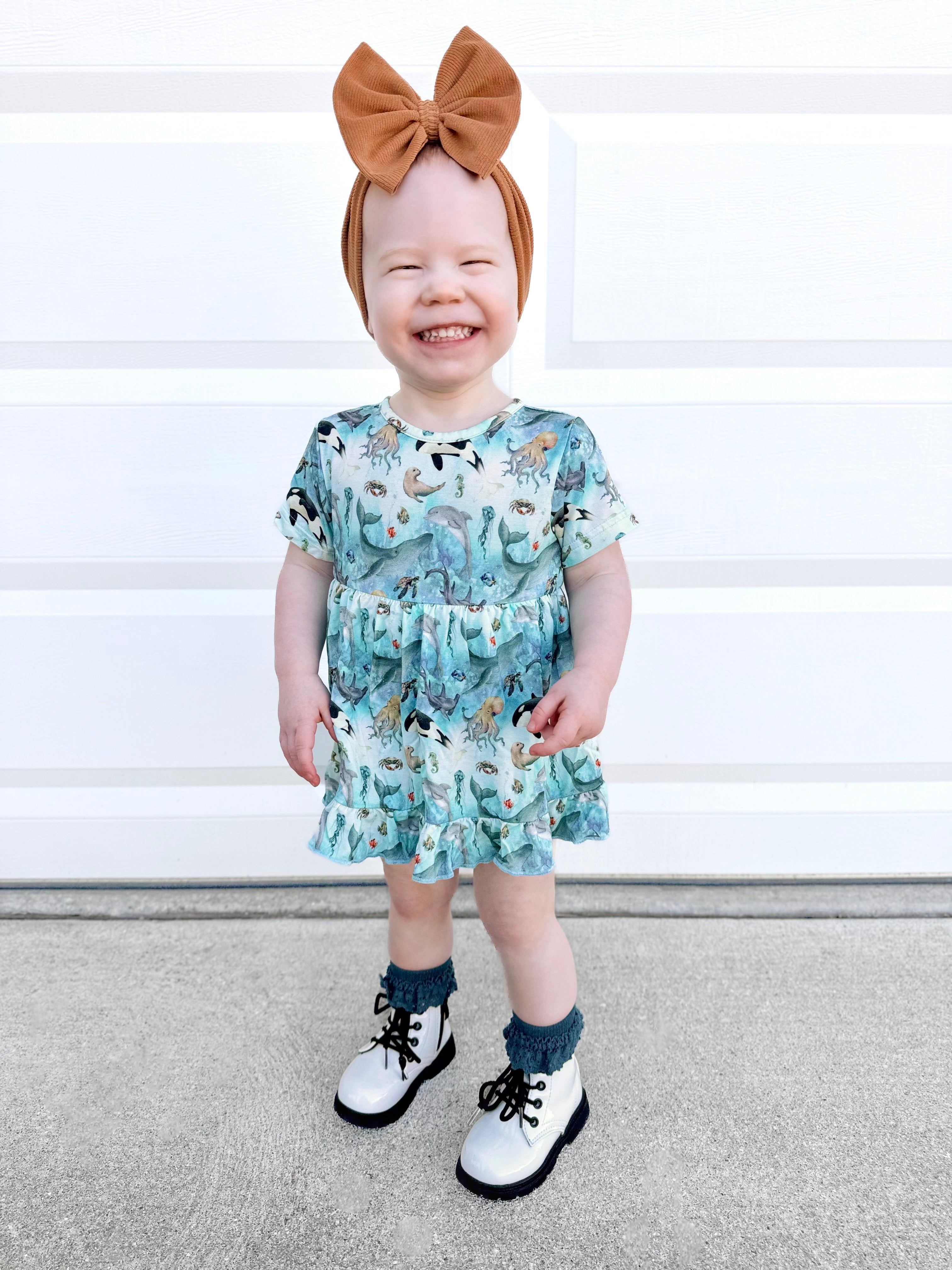 Bamboo Deep Blue Seas Short Sleeve Bodysuit Twirl Dress