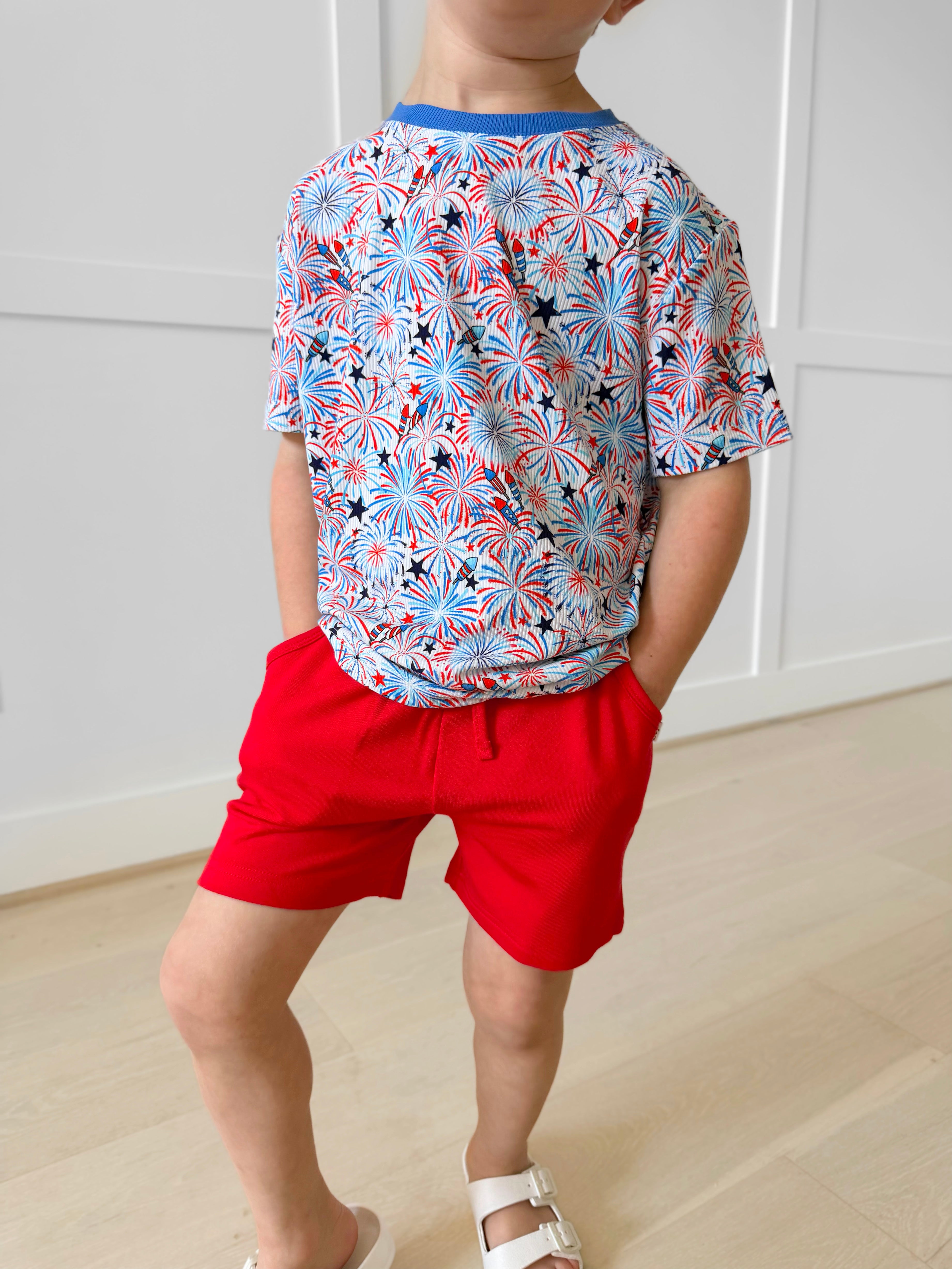 Bamboo COTTON/SPANDEX POP POP BOOM! SOLID RED Relaxed Shorts