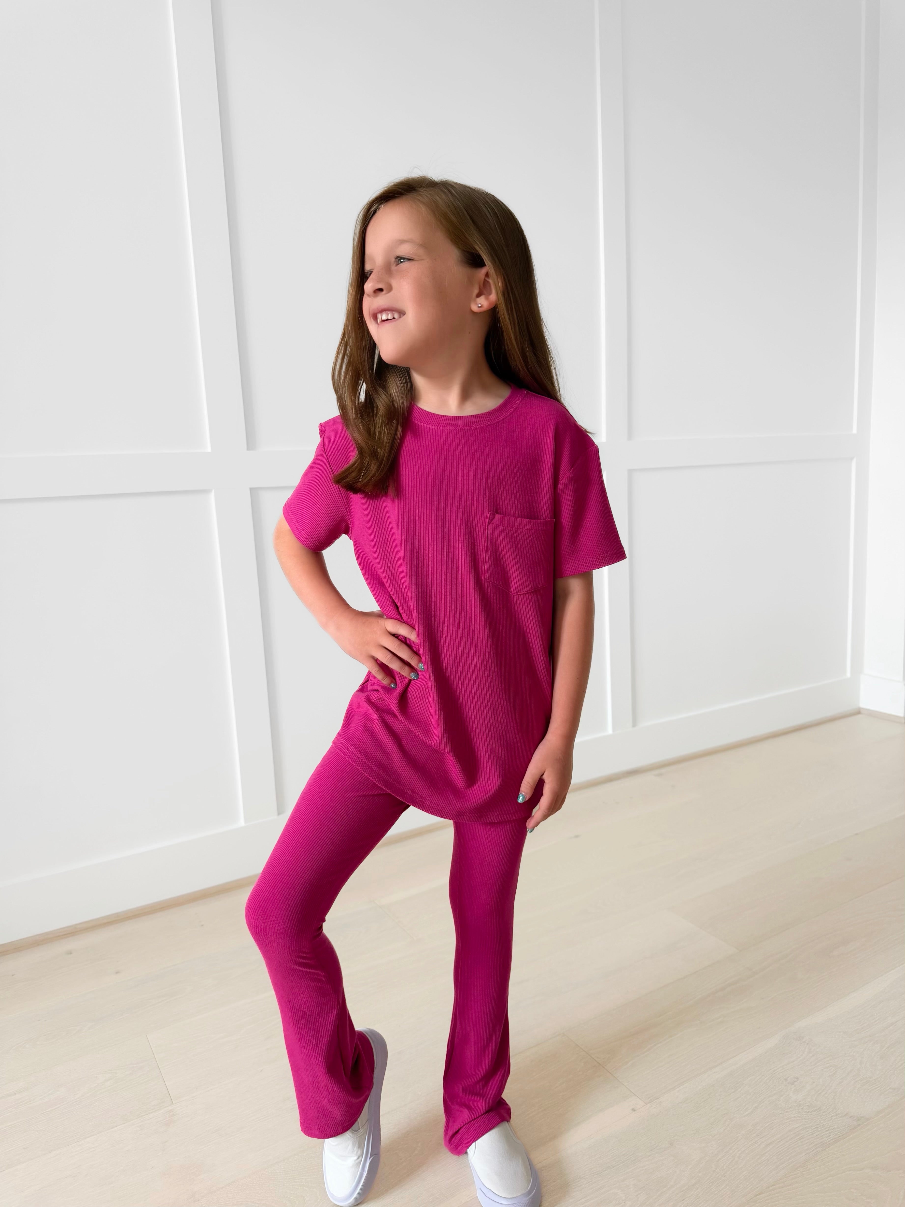 BAMBOO RIBBED MAUVEBERRY OVERSIZED THREE PIECE SET (POCKET TEE, BIKERS, FLARED LEGGINGS)