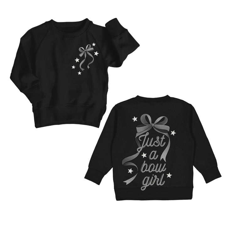 Bamboo COTTON SPANDEX JUST A BOW GIRL kids FRONT &amp; BACK GRAPHIC crewneck (FLEECE LINED)