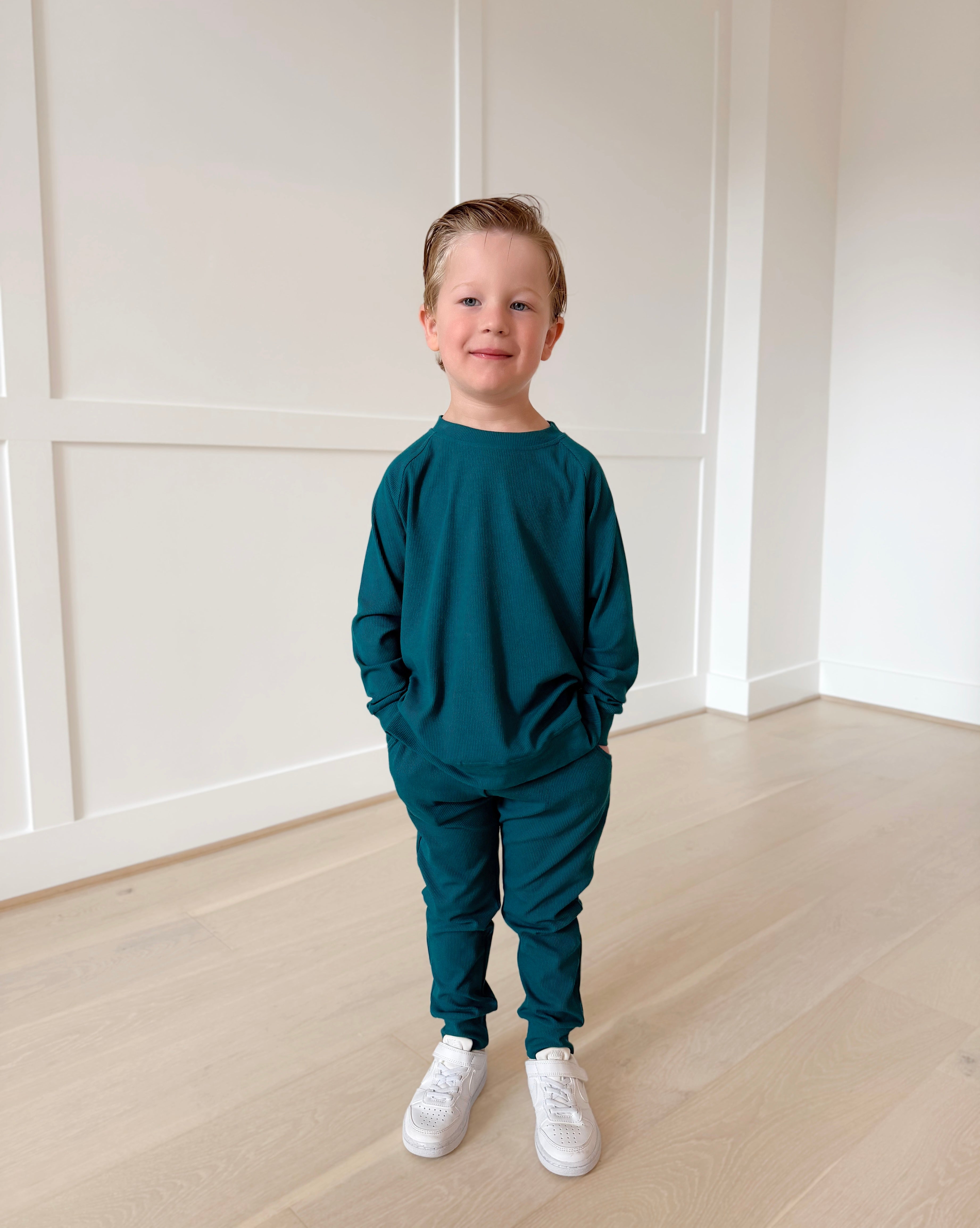 Bamboo RIBBED TWILIGHT TEAL kids crewneck & JOGGER SET