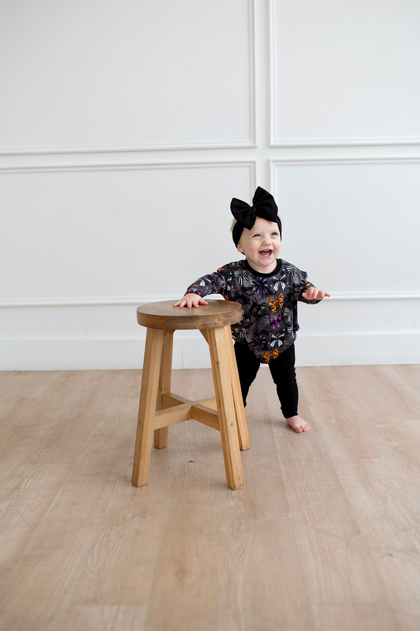 Bamboo FRENCH TERRY BOO-TIFUL BOWS LONG SLEEVE BUBBLE ROMPER
