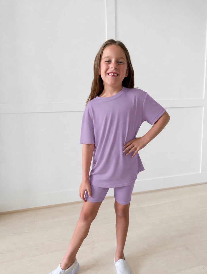 Bamboo RIBBED PURPLE POP Short Sleeve Oversized Tee Biker Short Set