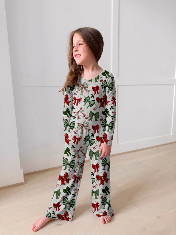 Bamboo RIBBED JINGLE BOWS LONG SLEEVE FULL LENGTH ROMPER