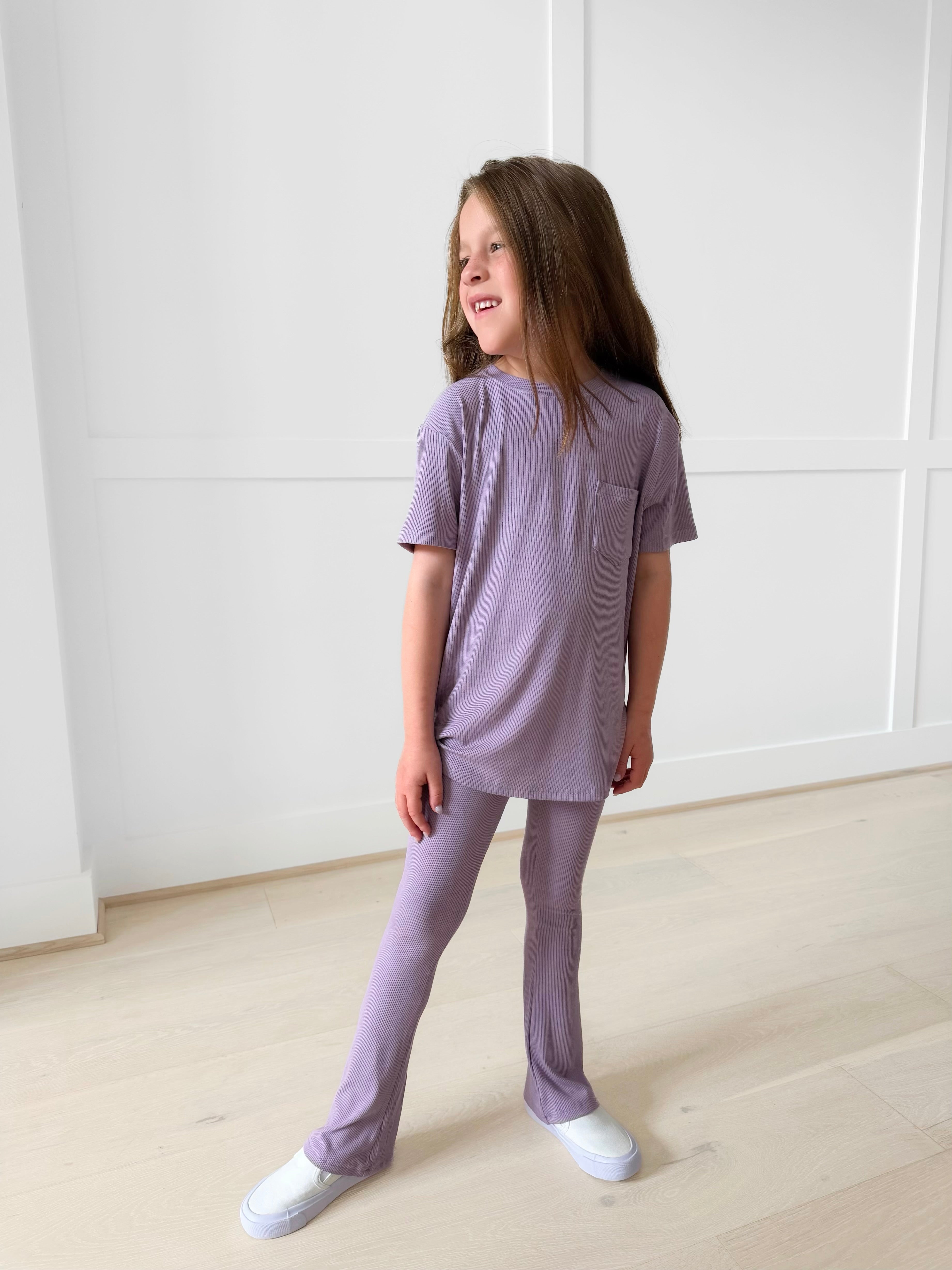 BAMBOO RIBBED LAVENDER HAZE OVERSIZED THREE PIECE SET (POCKET TEE, BIKERS, FLARED LEGGINGS)