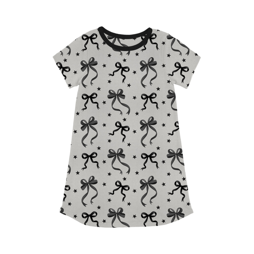 Bamboo RIBBED JUST A BOW GIRL SHORT Sleeve POCKET Gown